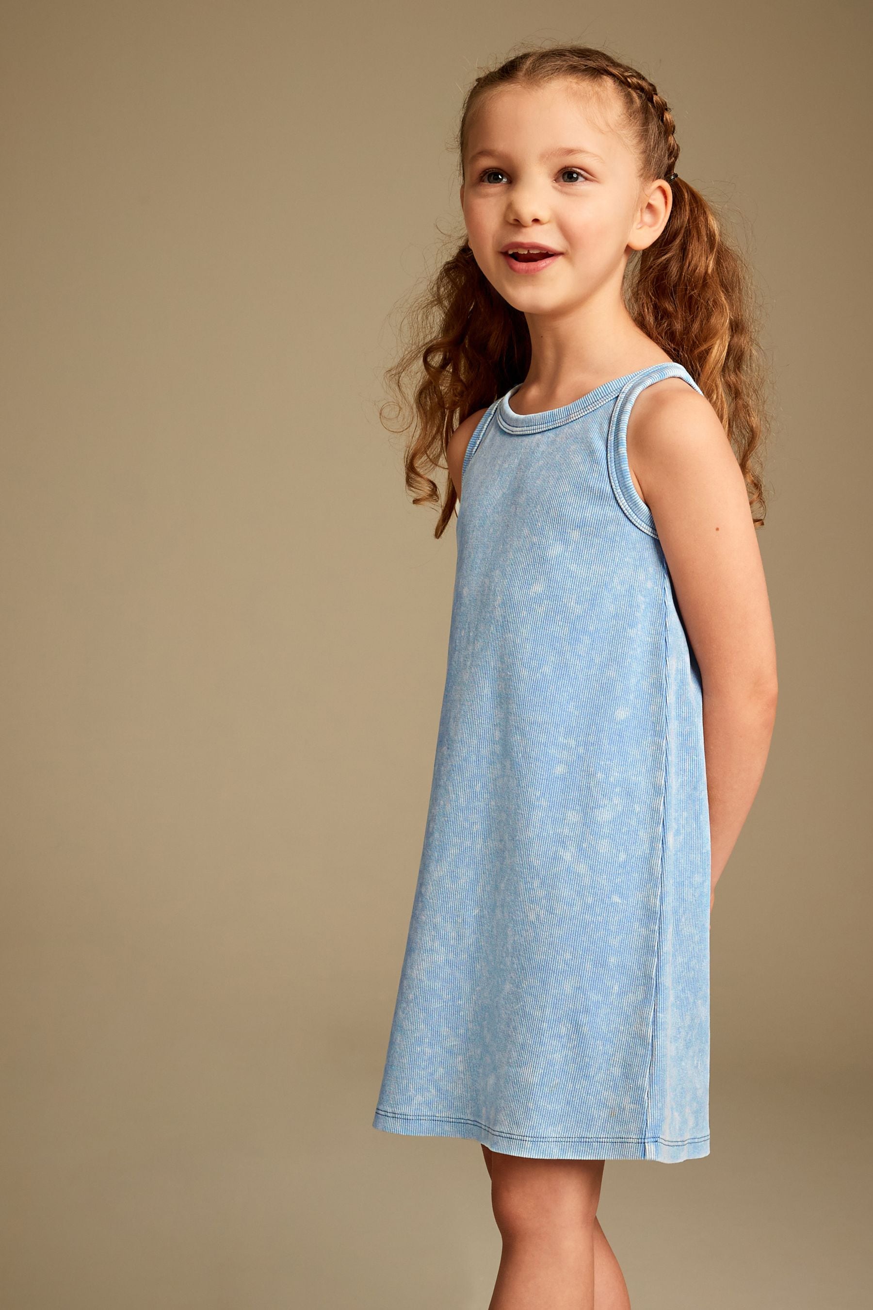 Blue Acid Wash Ribbed Racer Jersey Dress (3-16yrs)