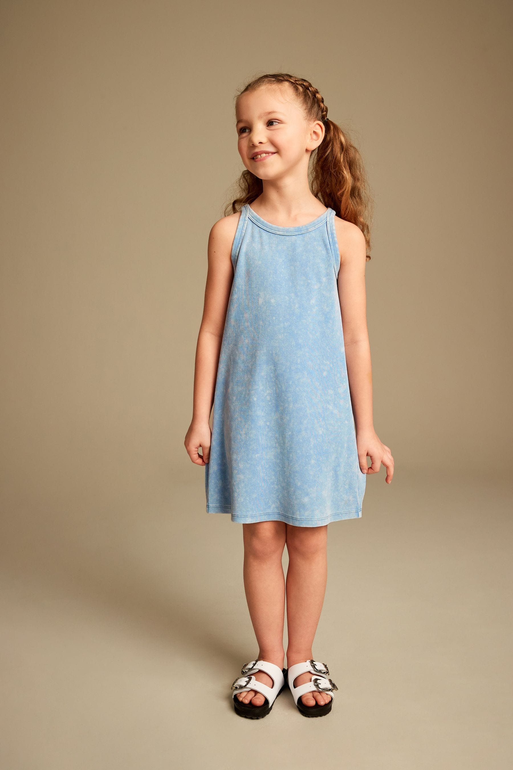 Blue Acid Wash Ribbed Racer Jersey Dress (3-16yrs)