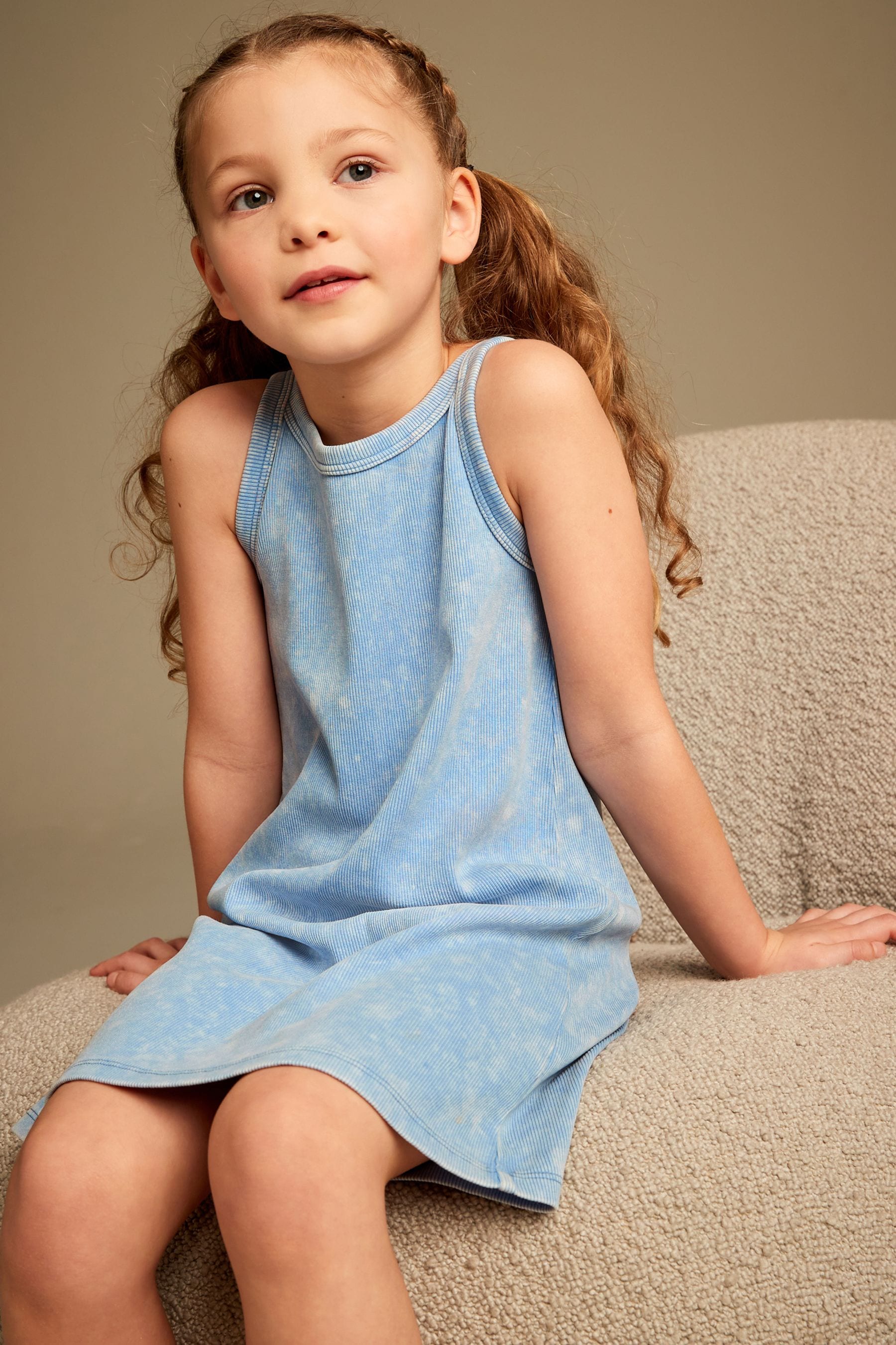 Blue Acid Wash Ribbed Racer Jersey Dress (3-16yrs)