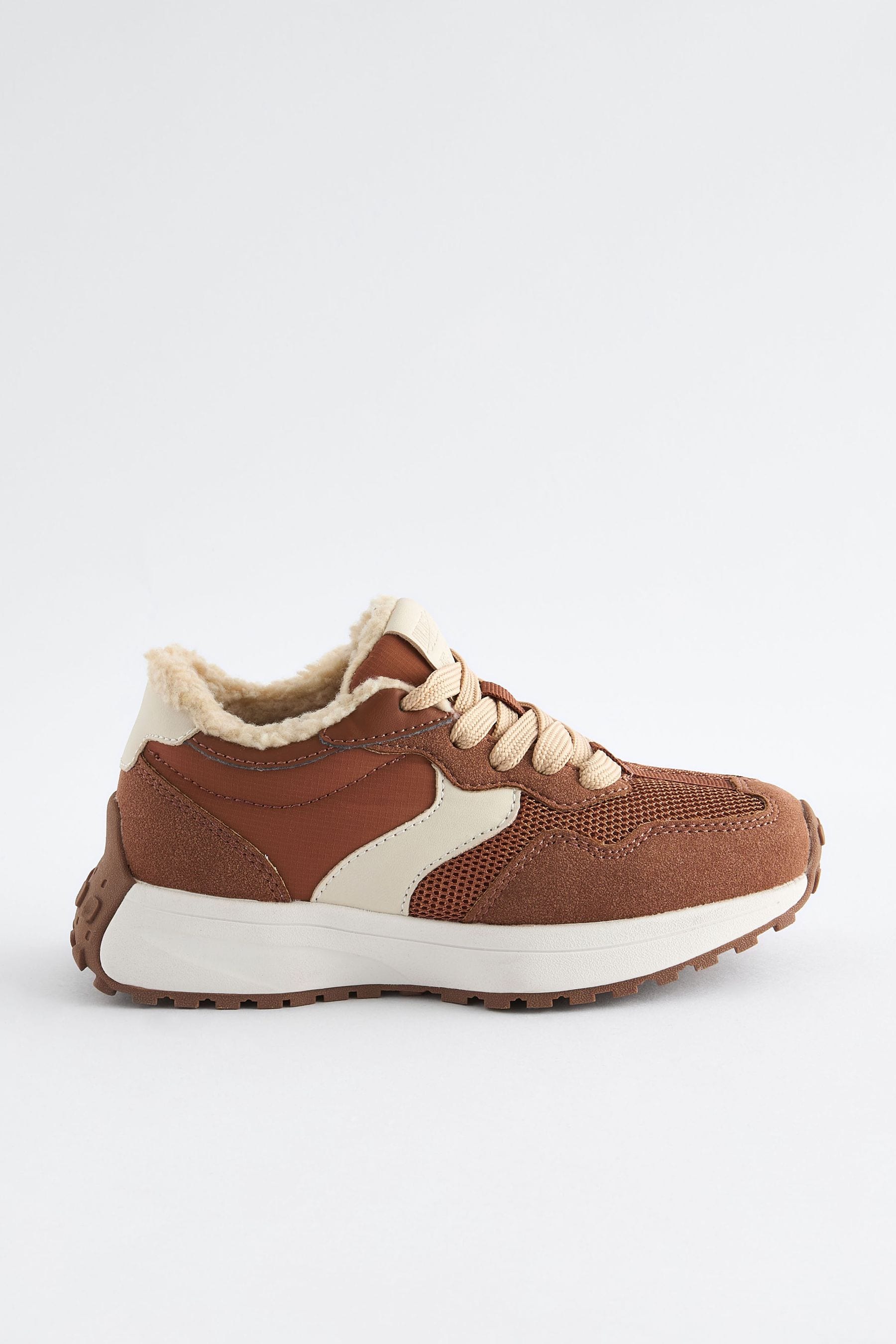 Tan Brown Borg Lined Lace-Up Chunky Trainers