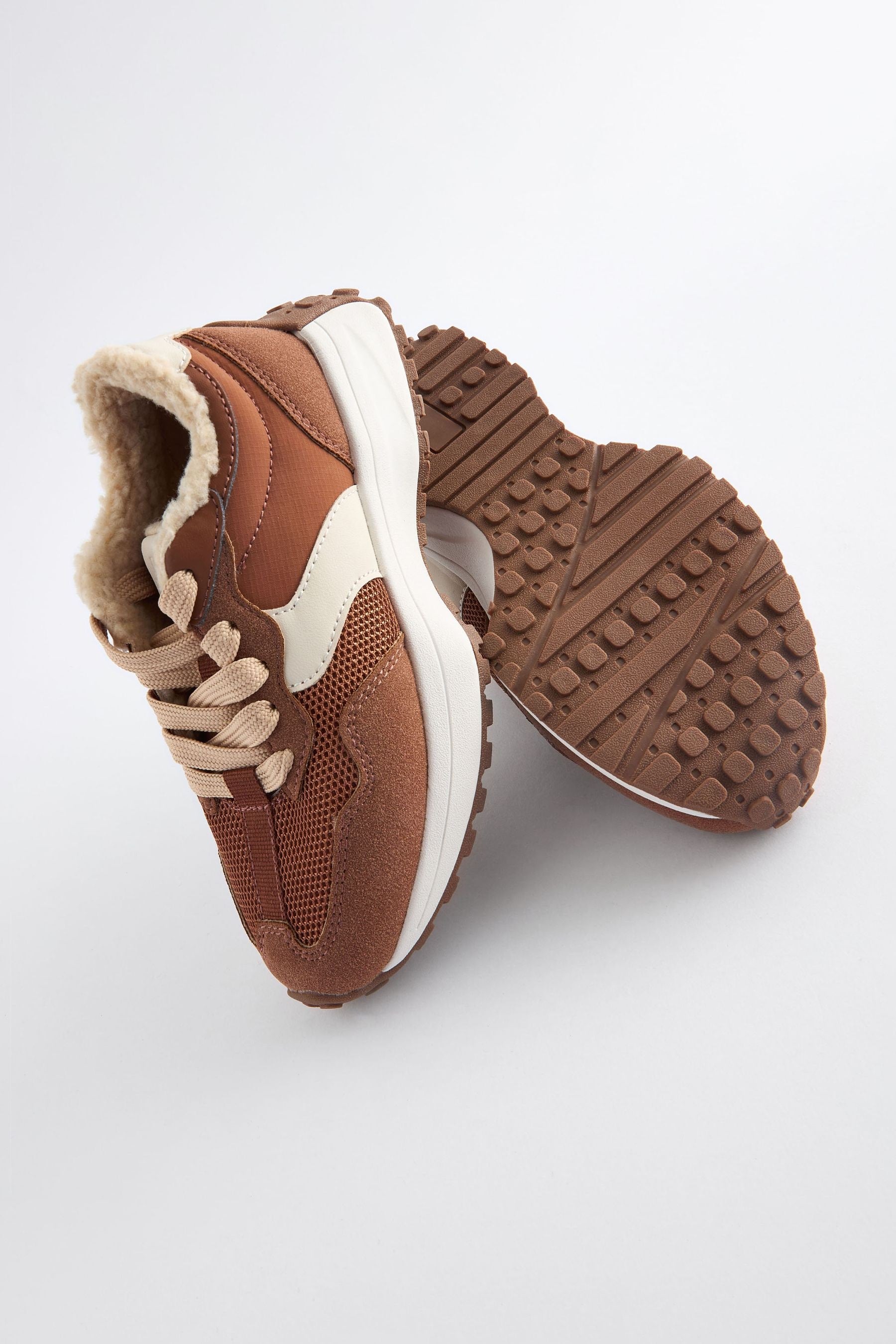 Tan Brown Borg Lined Lace-Up Chunky Trainers