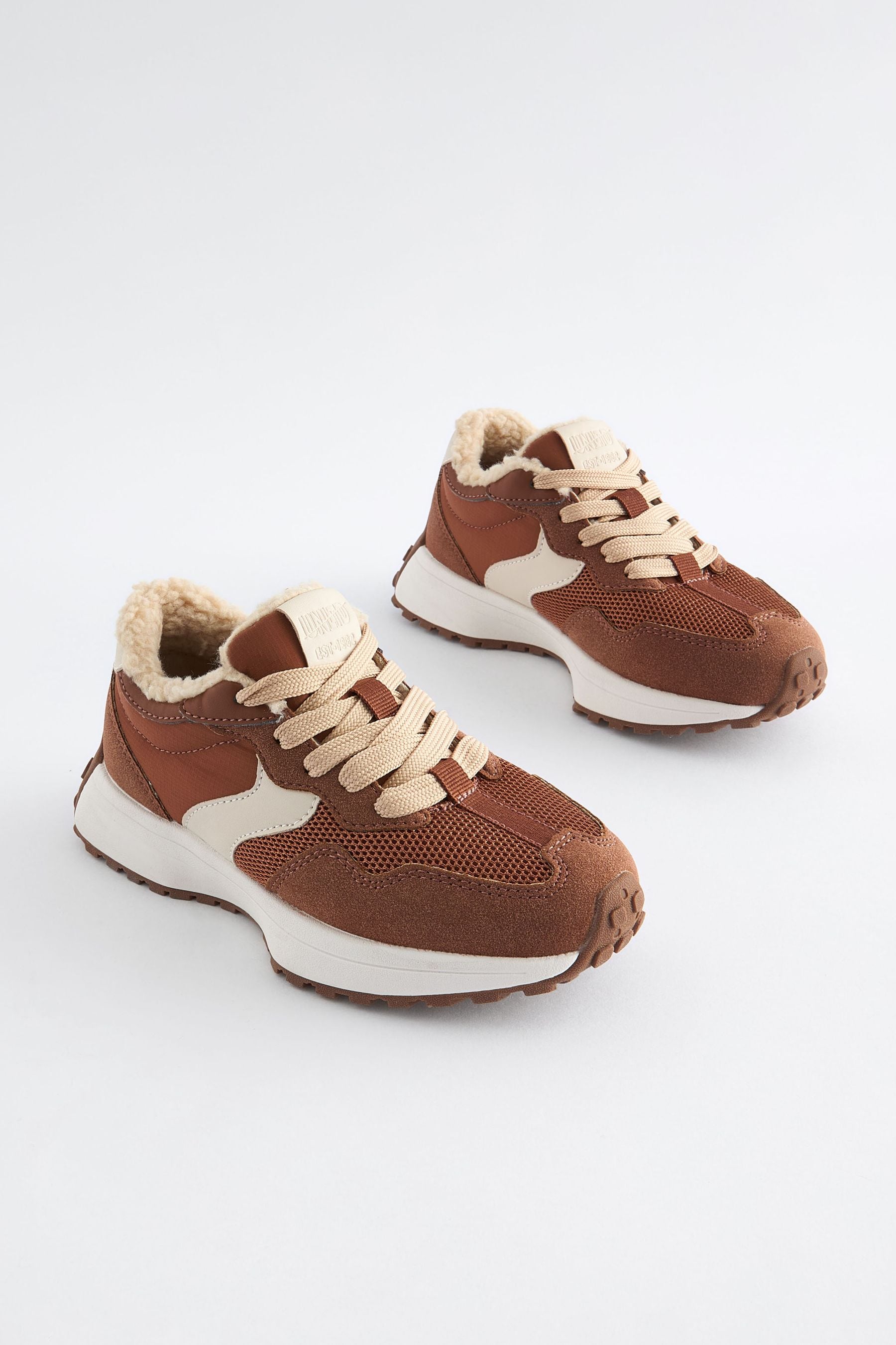 Tan Brown Borg Lined Lace-Up Chunky Trainers