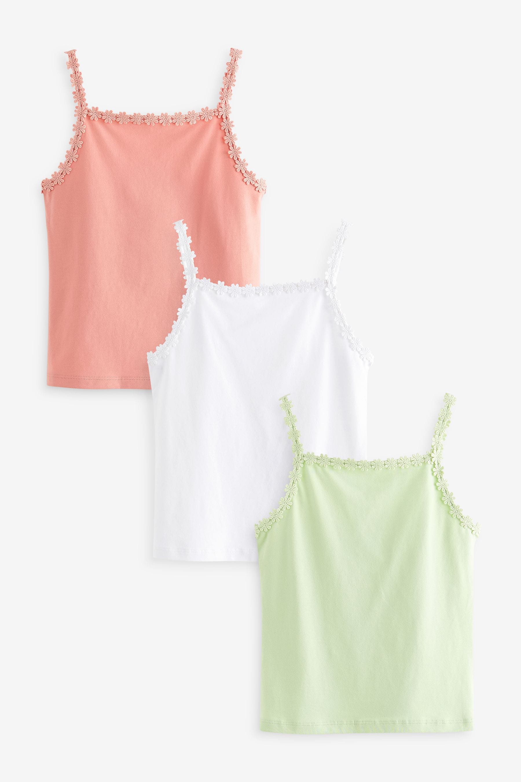 Pink/White/Mint Daisy Trim Vest 3 Pack (3-16yrs)