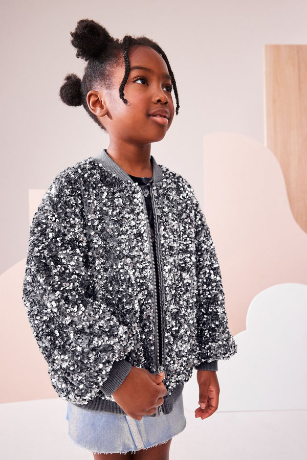 Silver Sequin Bomber Jacket (3-16yrs)