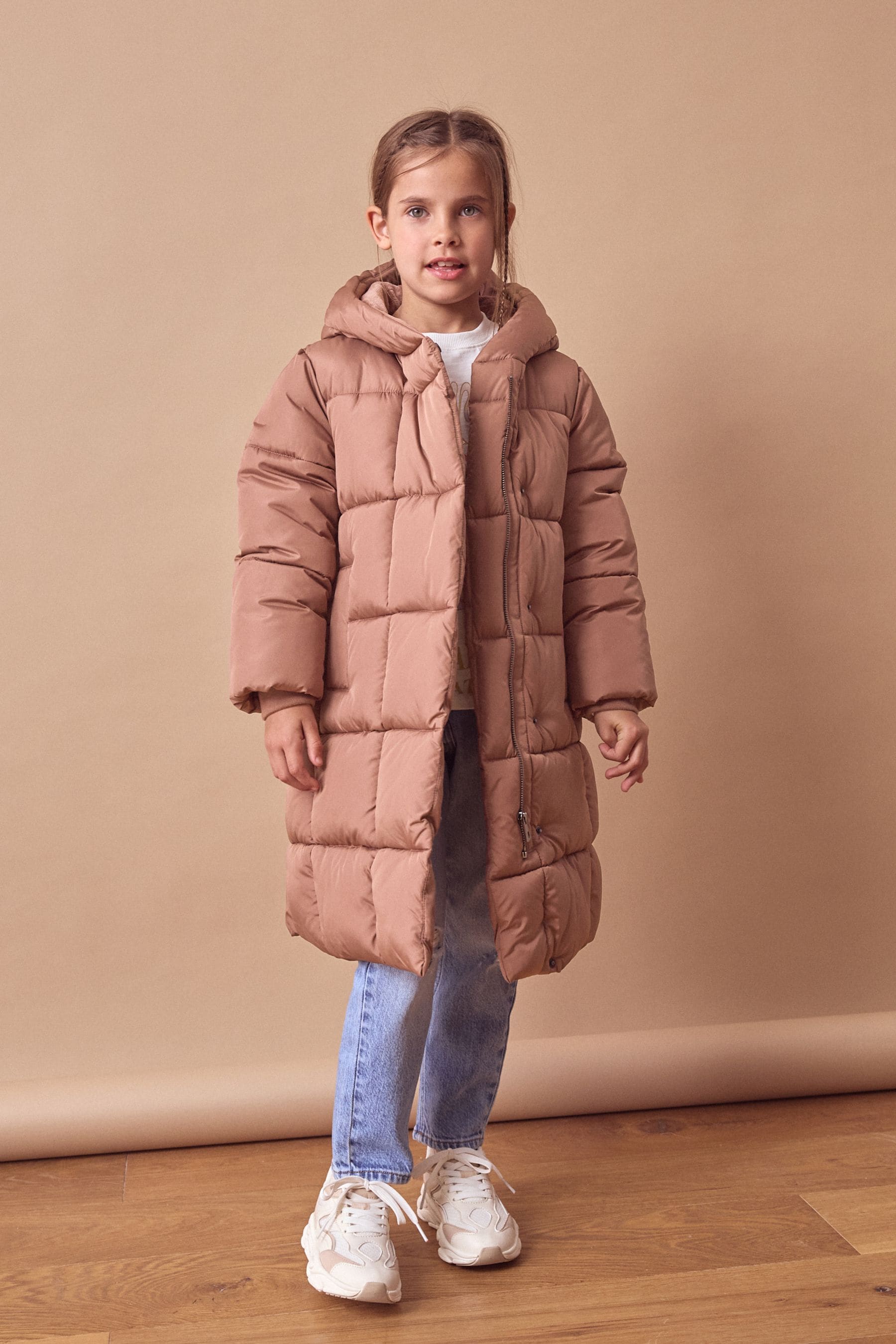 Dusky Pink Longer Length Shower Resistant Fur Lined Hooded Padded Coat (3-16yrs)