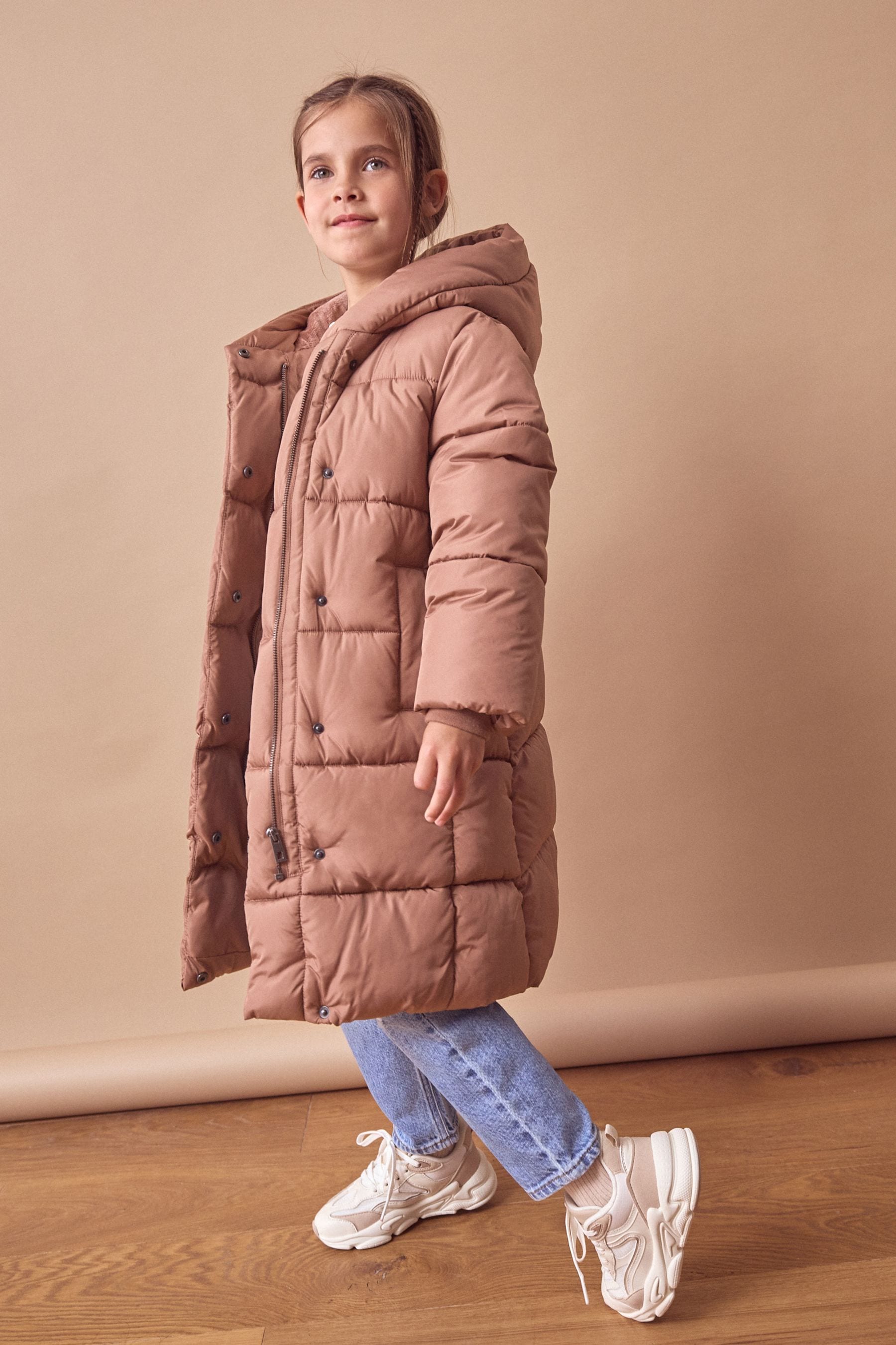 Dusky Pink Longer Length Shower Resistant Fur Lined Hooded Padded Coat (3-16yrs)