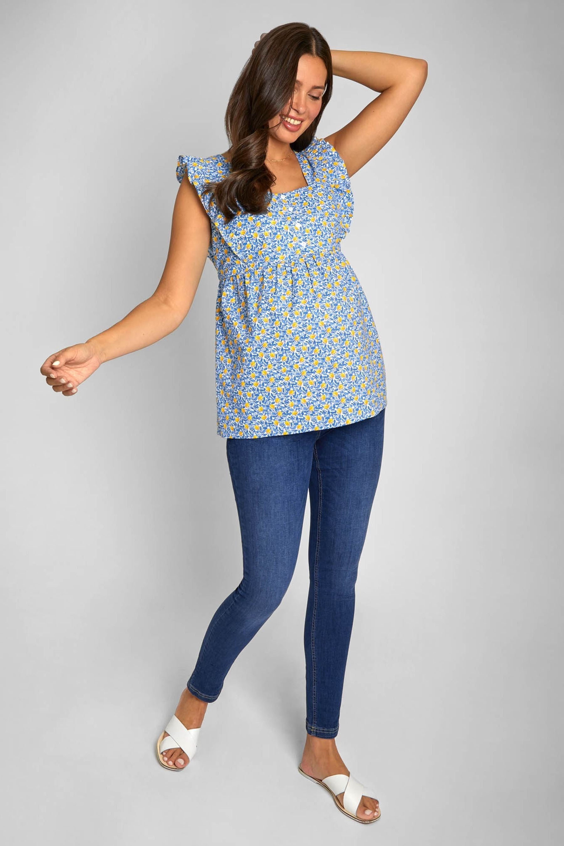 Blue JoJo Maman Bébé Lemon Print Frill Sleeve Maternity Top