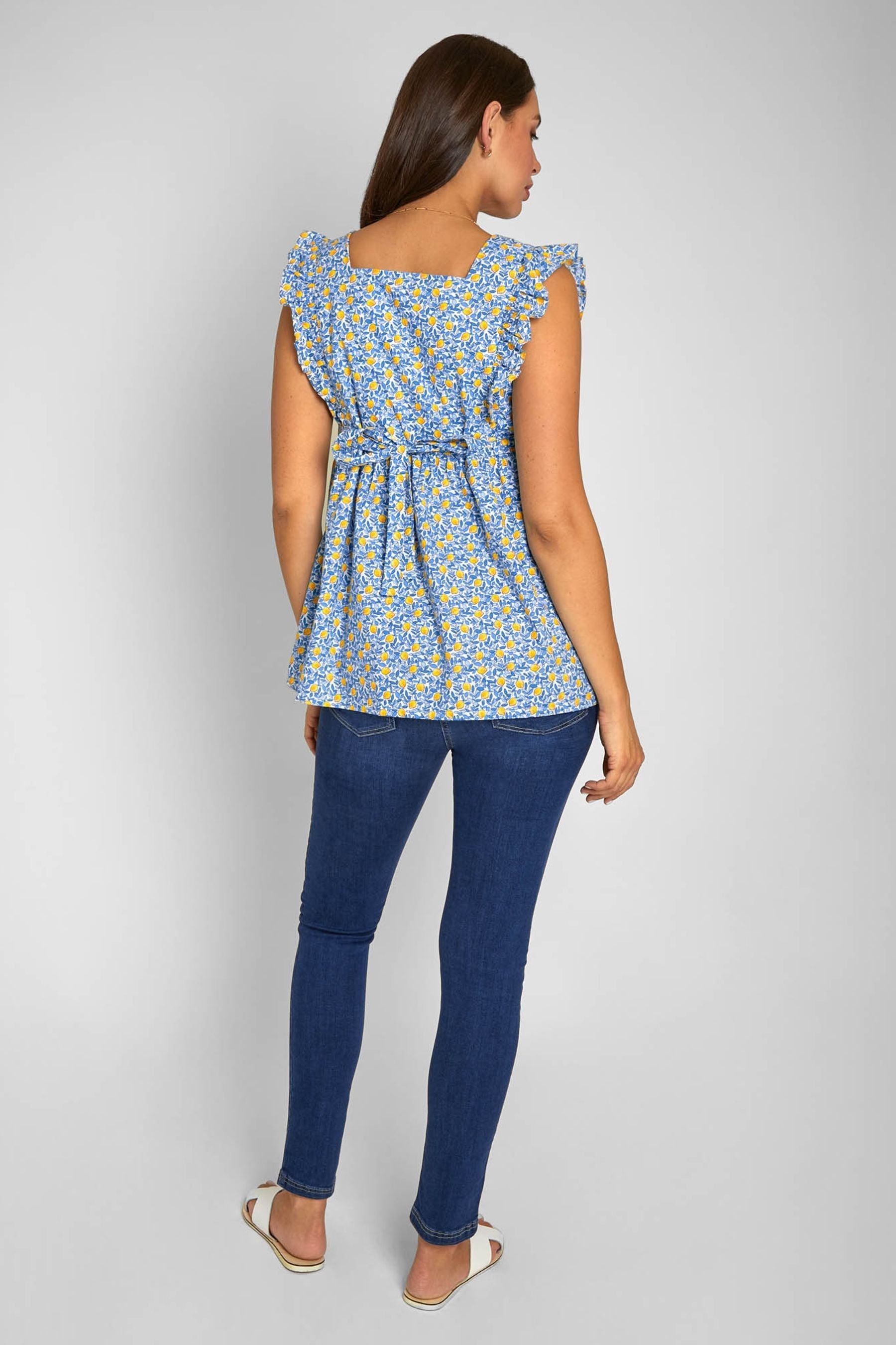 Blue JoJo Maman Bébé Lemon Print Frill Sleeve Maternity Top