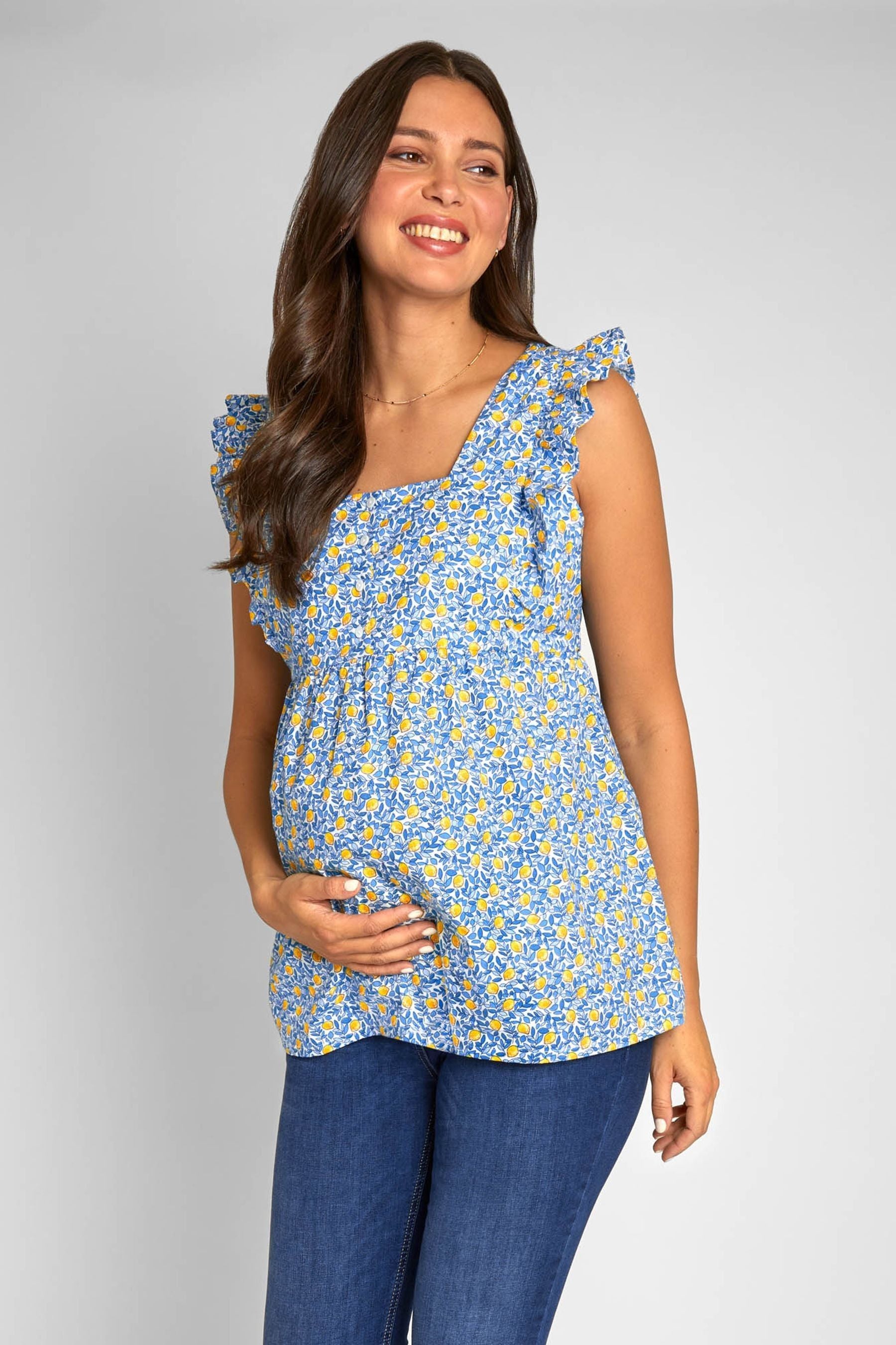 Blue JoJo Maman Bébé Lemon Print Frill Sleeve Maternity Top