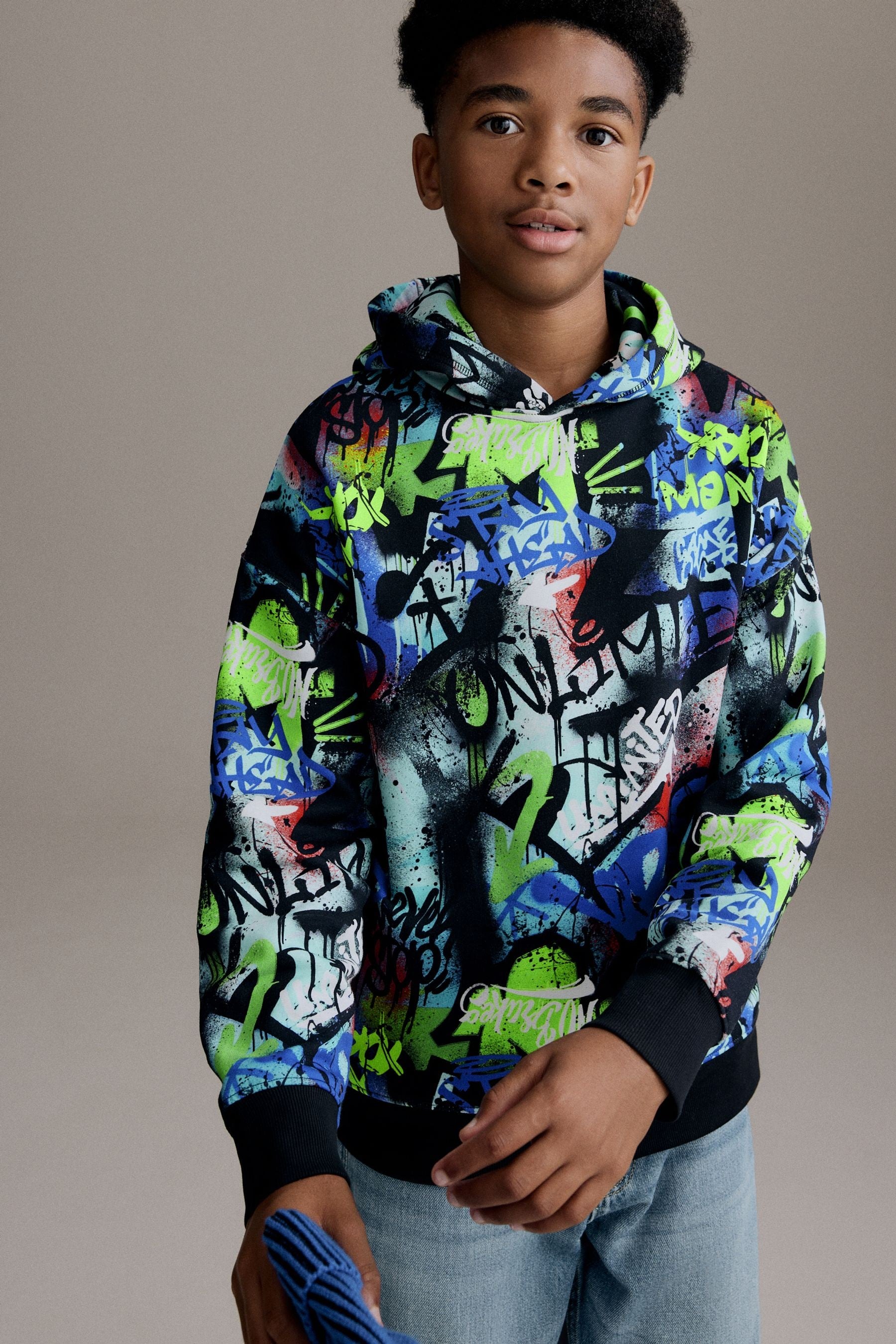 Multi 100% Cotton Graffiti Print Hoodie (3-16yrs)