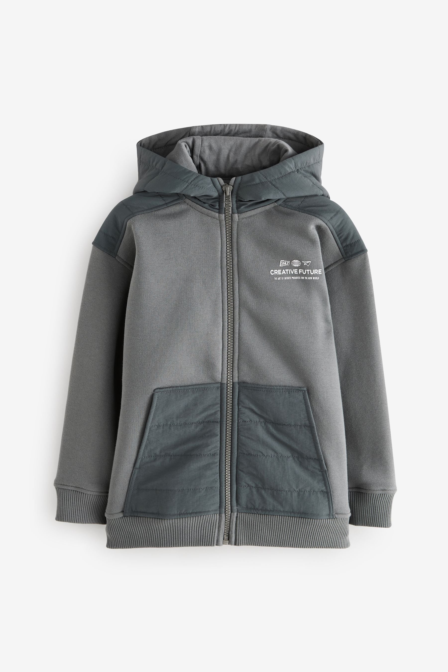 Charcoal Grey Mixed Fabric Jersey Zip Through Hoodie (3-16yrs)