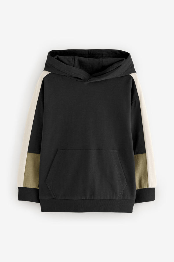 Black Midweight Colourblock 100% Cotton Hoodie (3-16yrs)