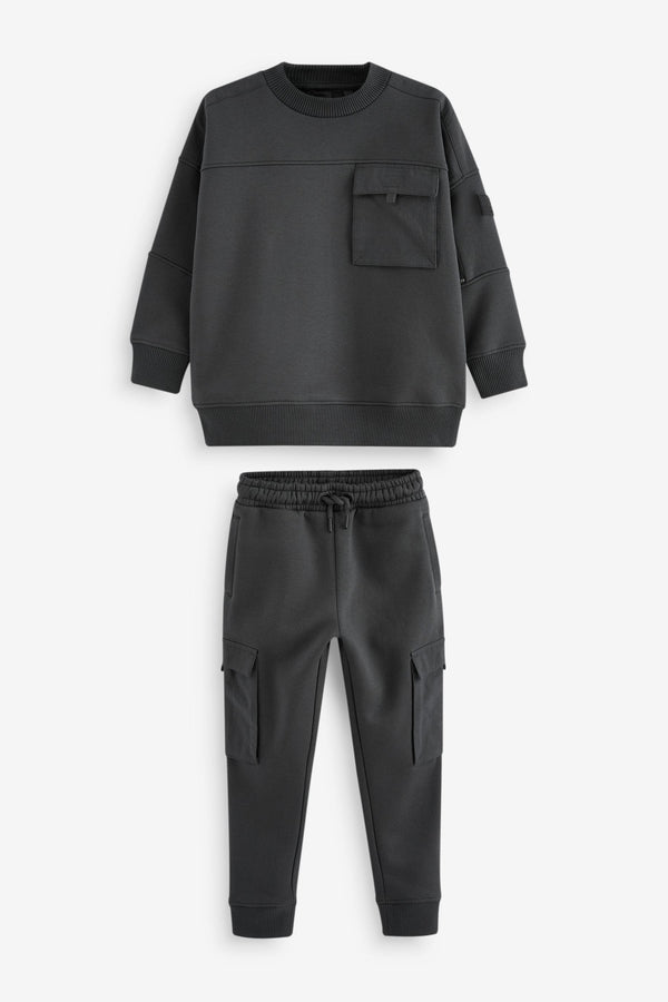 Charcoal Grey Utility Crew Neck Sweatshirt and Cargo Jogger Set (3-16yrs)