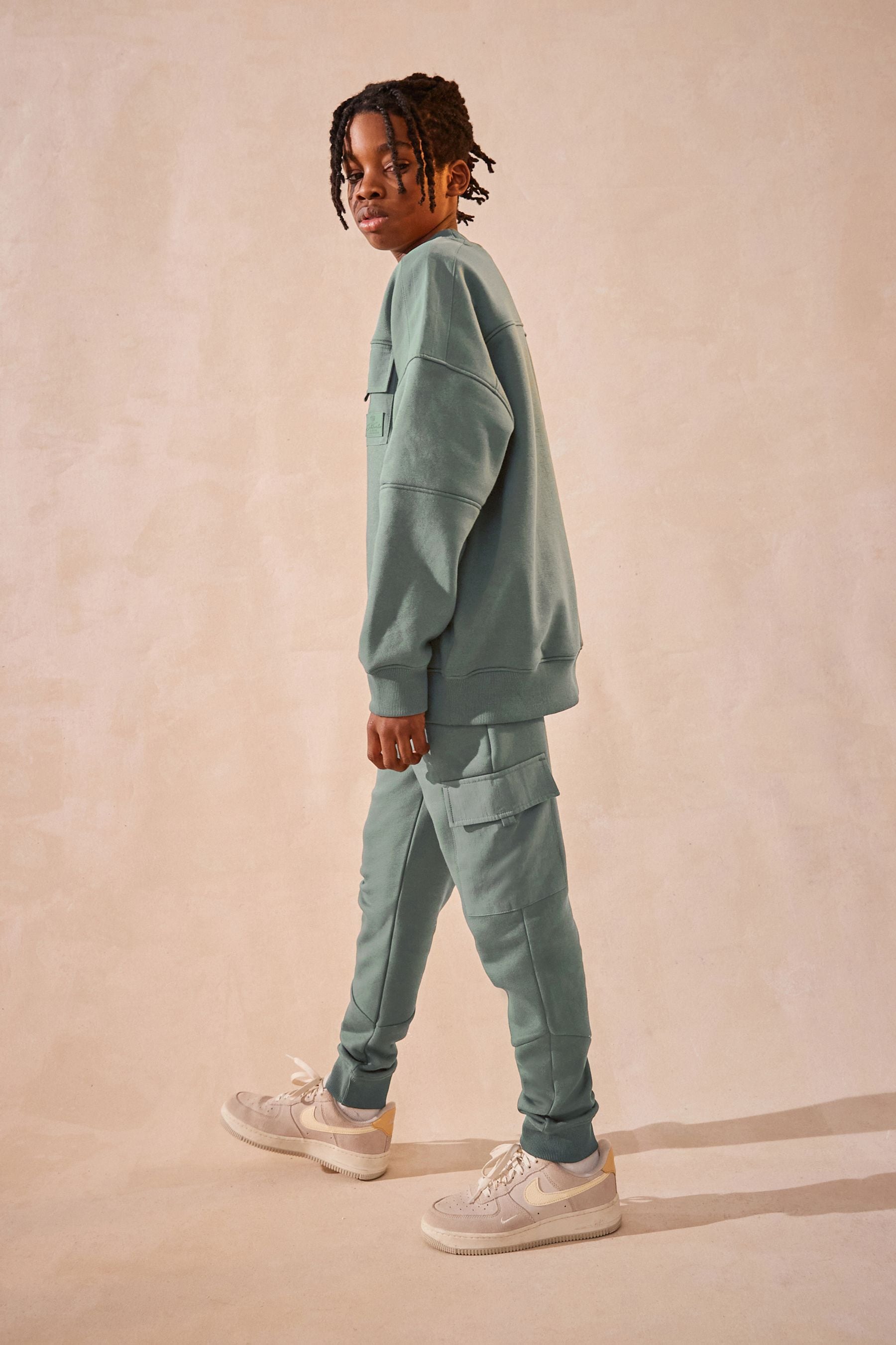 Sage Green Utility Crew Neck Sweatshirt and Cargo Jogger Set (3-16yrs)