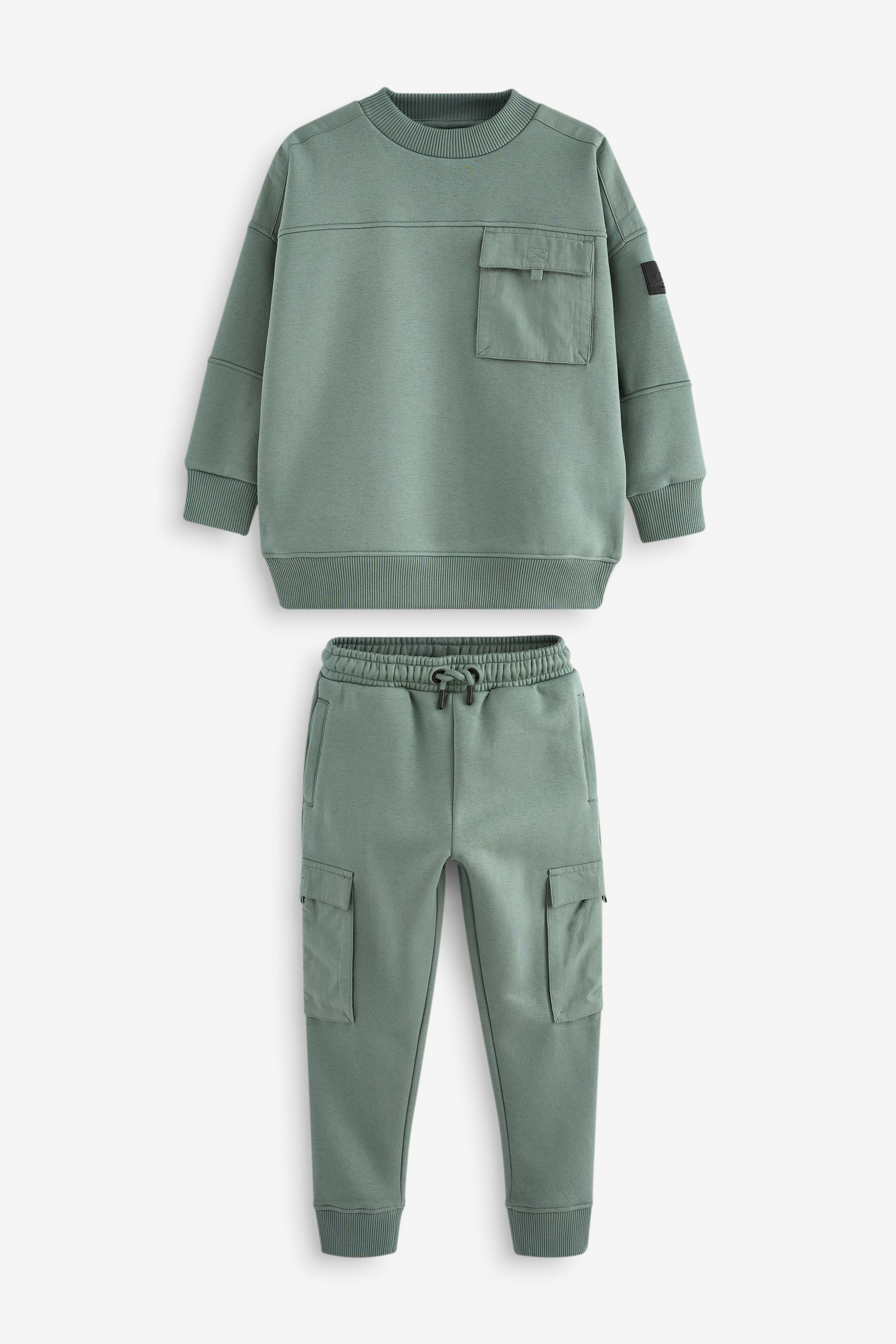 Sage Green Utility Crew Neck Sweatshirt and Cargo Jogger Set (3-16yrs)