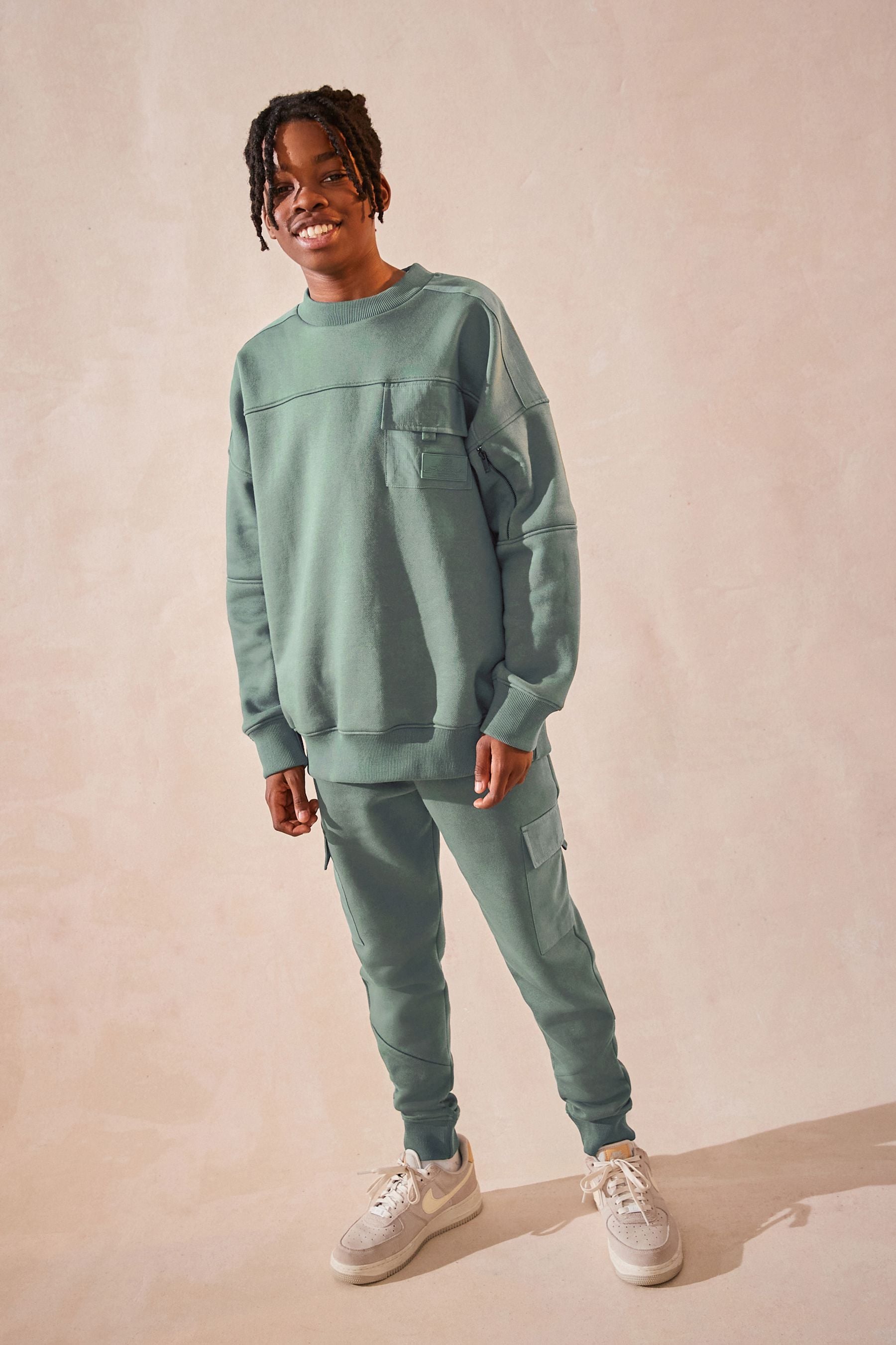 Sage Green Utility Crew Neck Sweatshirt and Cargo Jogger Set (3-16yrs)