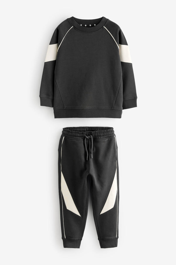 Black/ Ecru Panel Crew Neck 100% Cotton Sweatshirt and Joggers Set (3-16yrs)