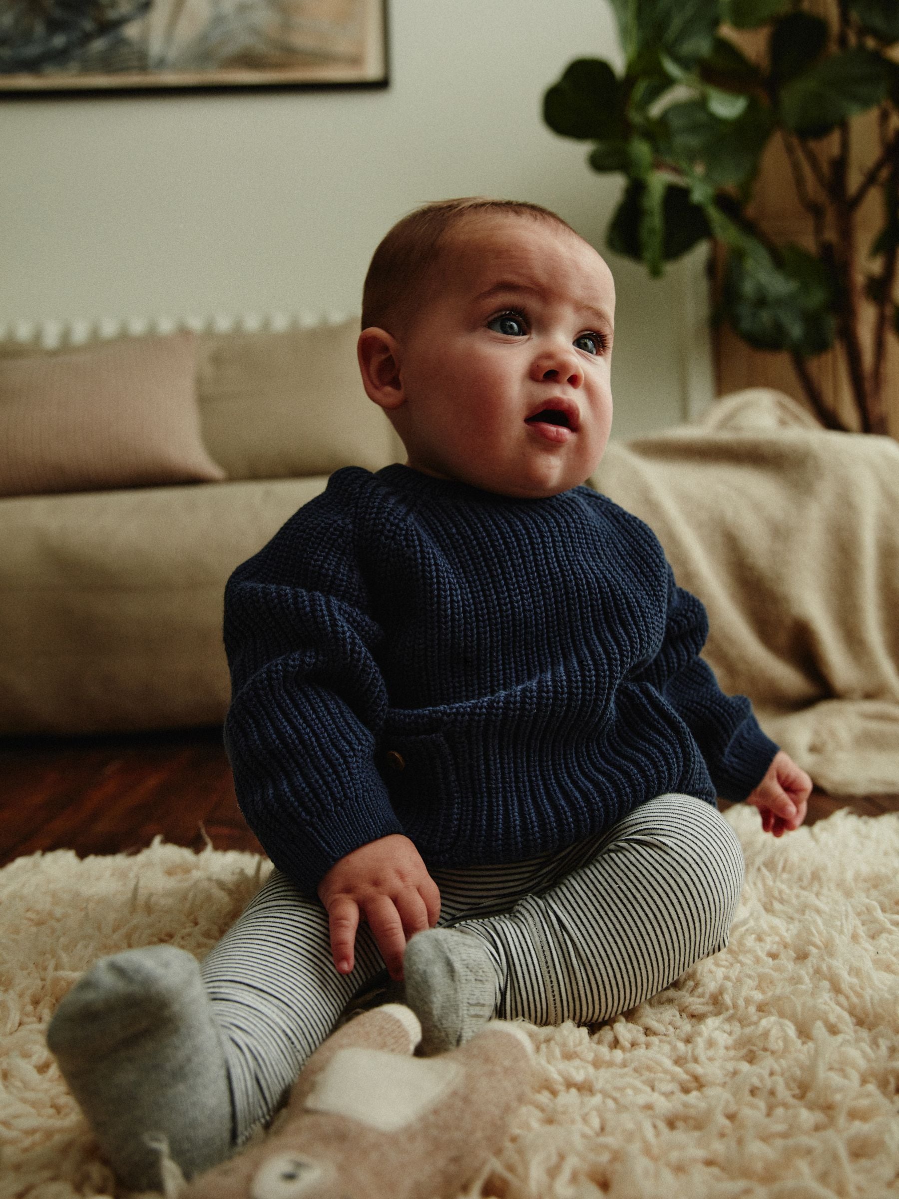 Navy Stripe 100% Cotton Baby Knitted Top and Leggings Set (0mths-2yrs)