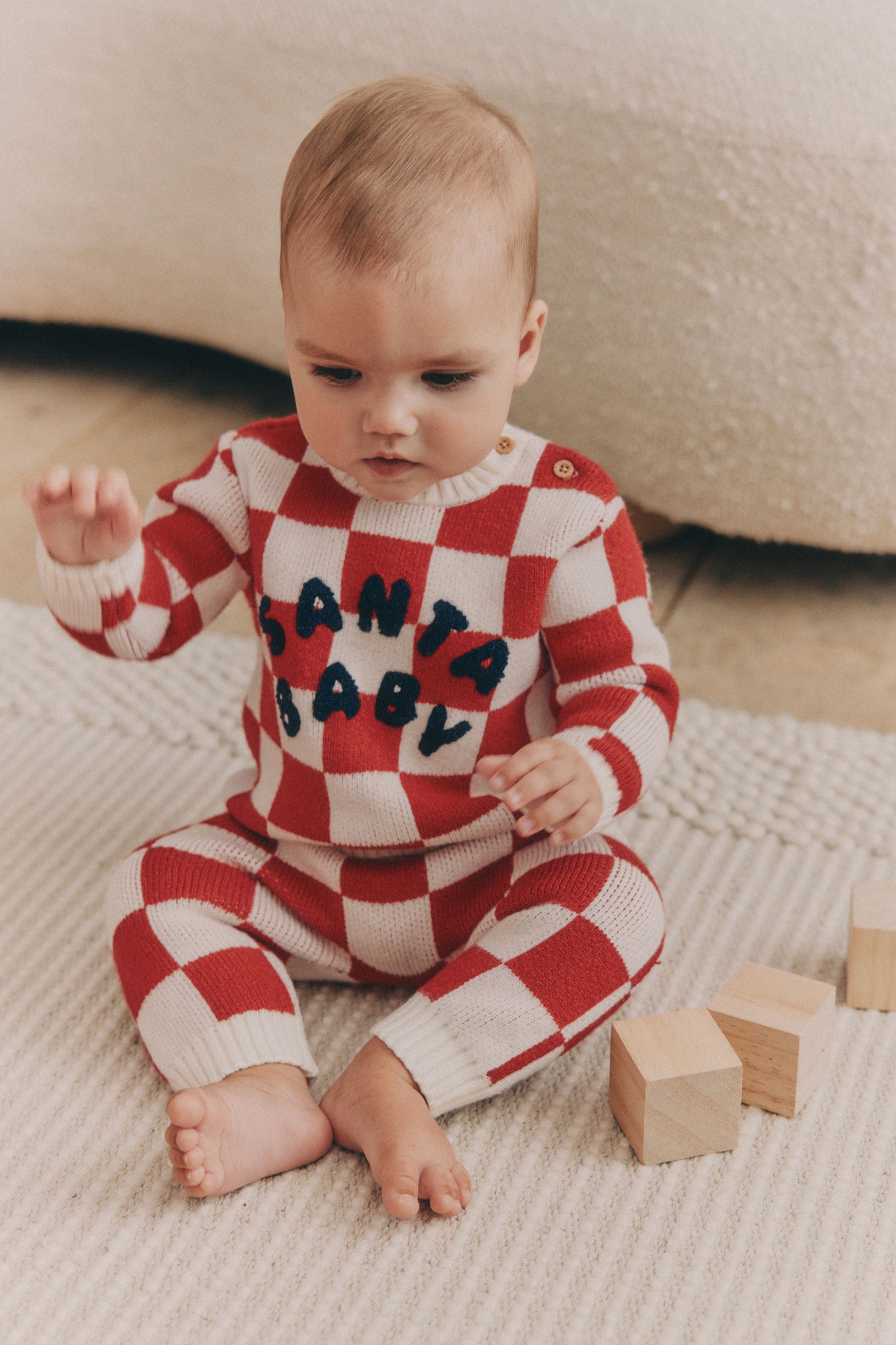 Red Checkerboard Christmas Baby Knitted Top and Leggings Set (0mths-2yrs)