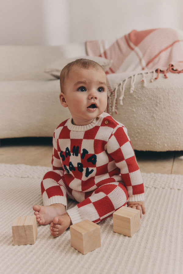 Red Checkerboard Christmas Santa Baby Knitted Top and Leggings Set (0mths-2yrs)