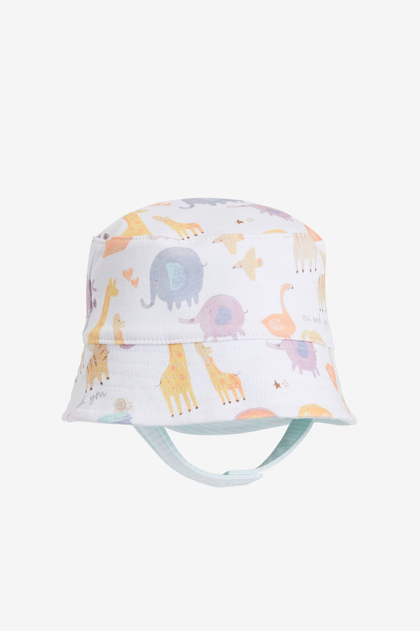 White Reversible Noahs Ark Print Bucket Baby Hat