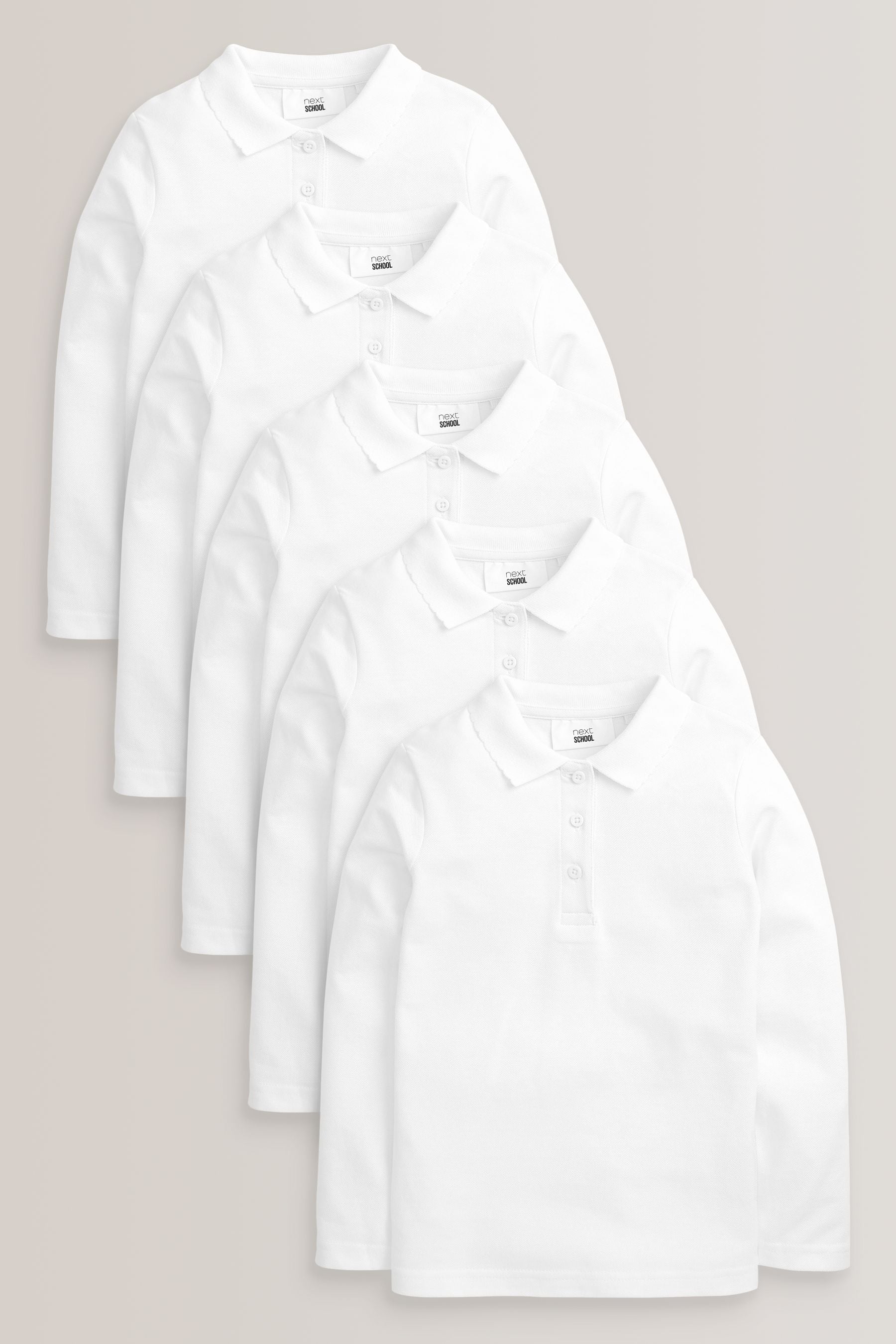 White Regular Fit 5 Pack 100% Cotton Long Sleeve School Polo Shirts (3-16yrs)