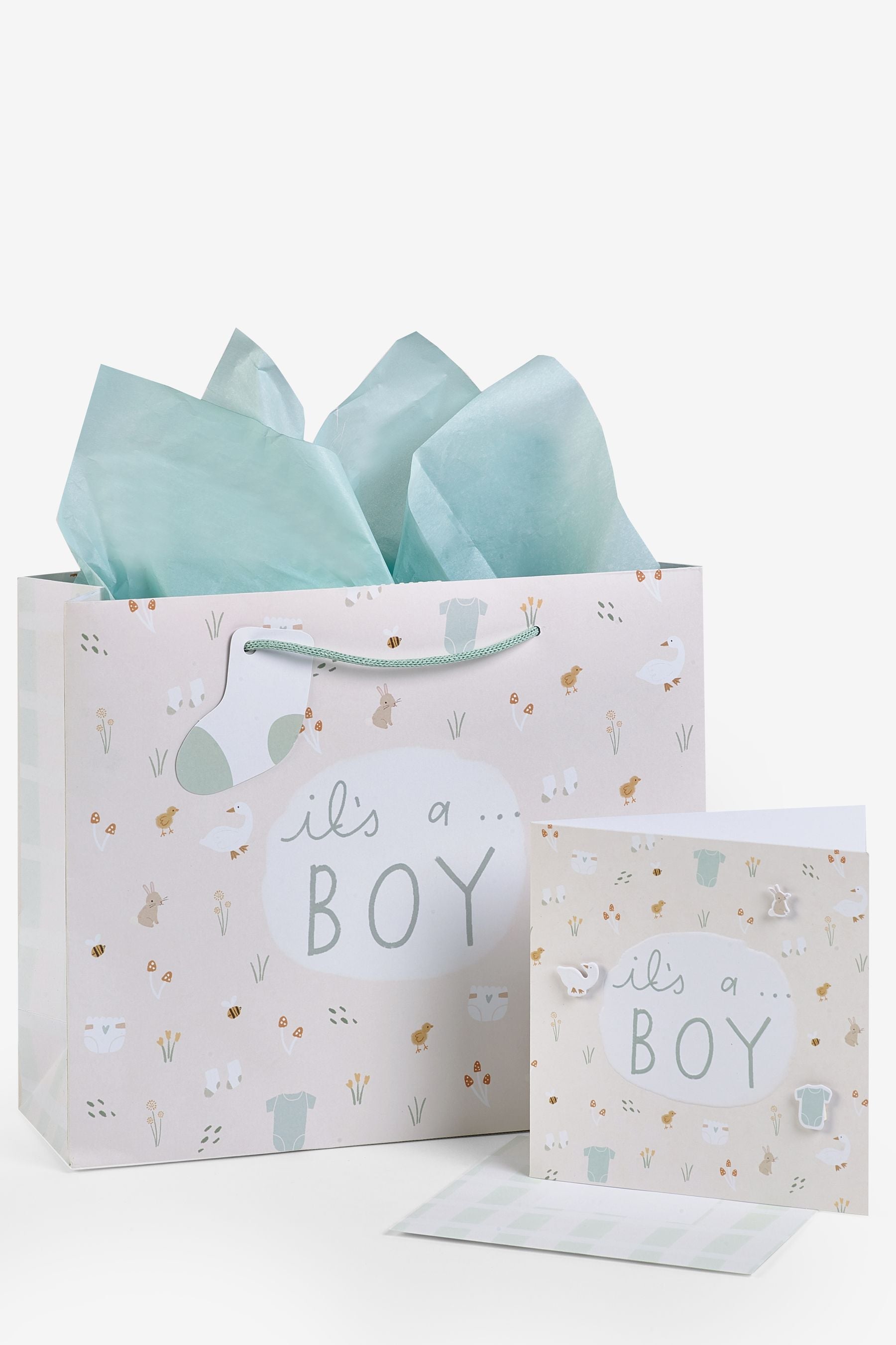 Soft Teal Baby Icons Gift Bag and Card Set