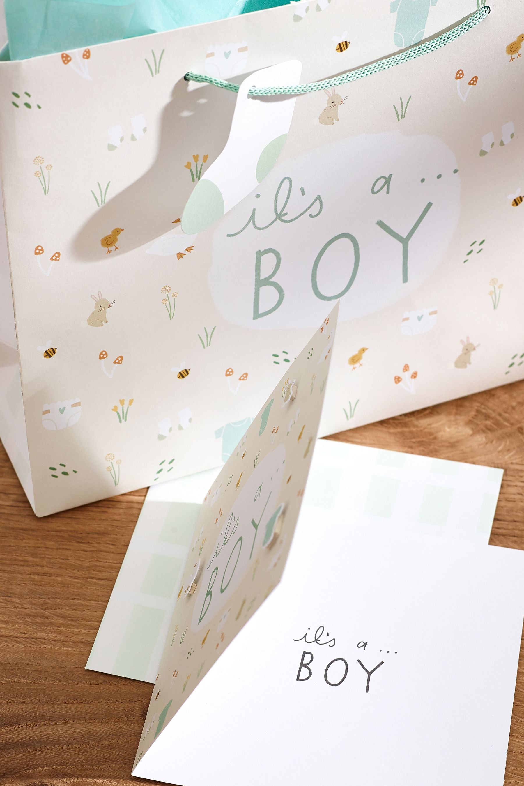 Soft Teal Baby Icons Gift Bag and Card Set