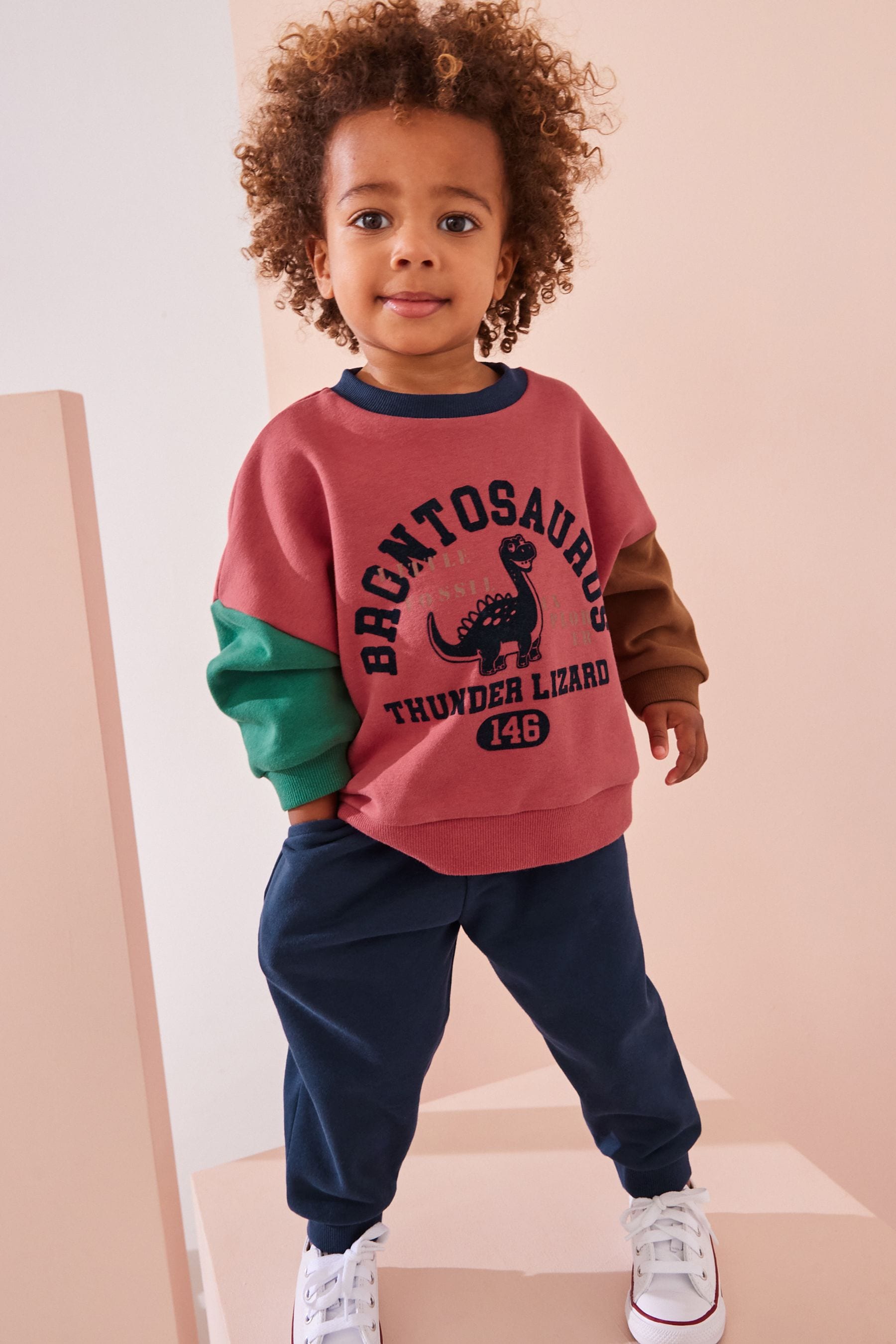 Red/Blue Dinosaur Printed Colourblock Sweatshirt and Joggers Set (3mths-7yrs)