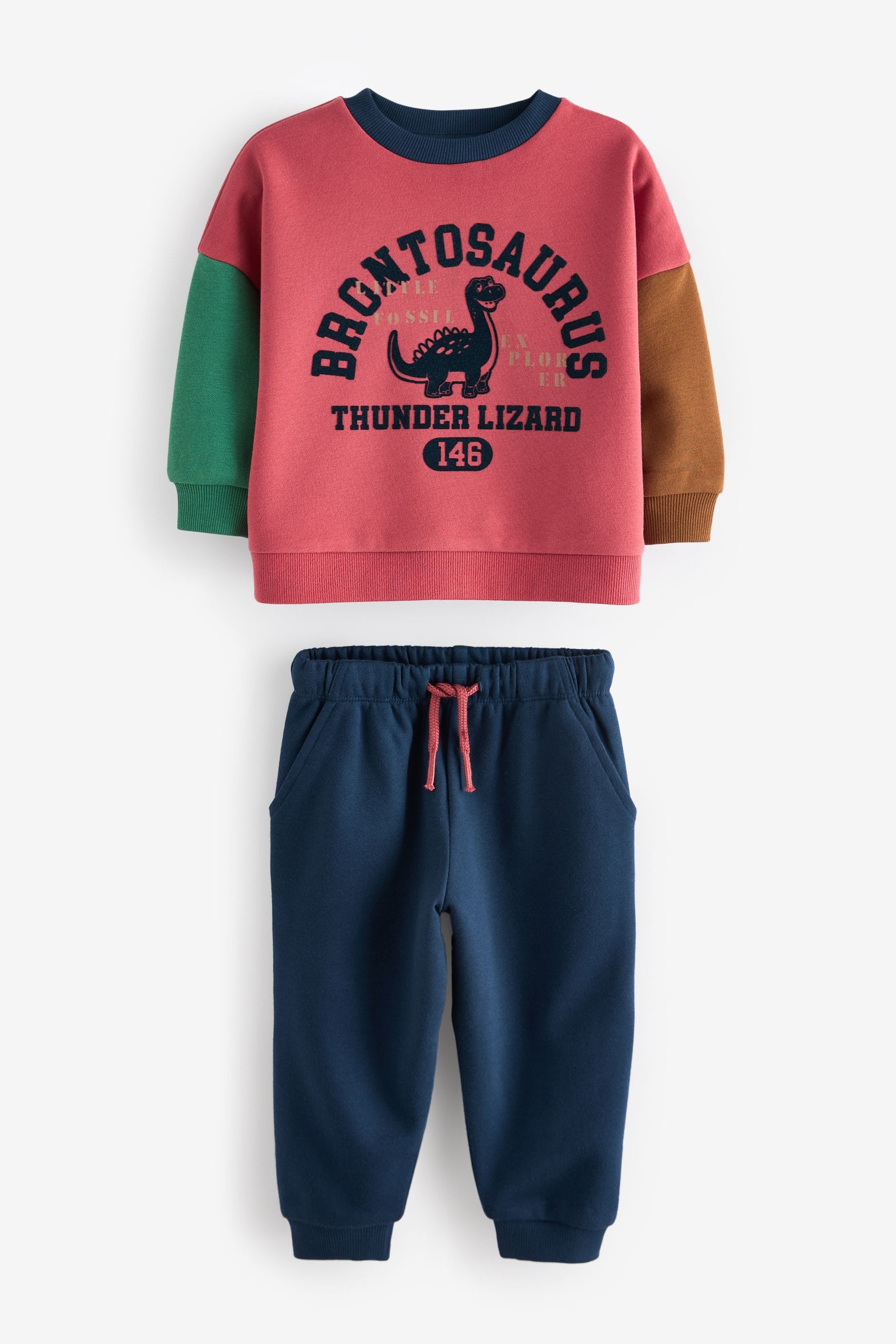 Red/Blue Dinosaur Printed Colourblock Sweatshirt and Joggers Set (3mths-7yrs)