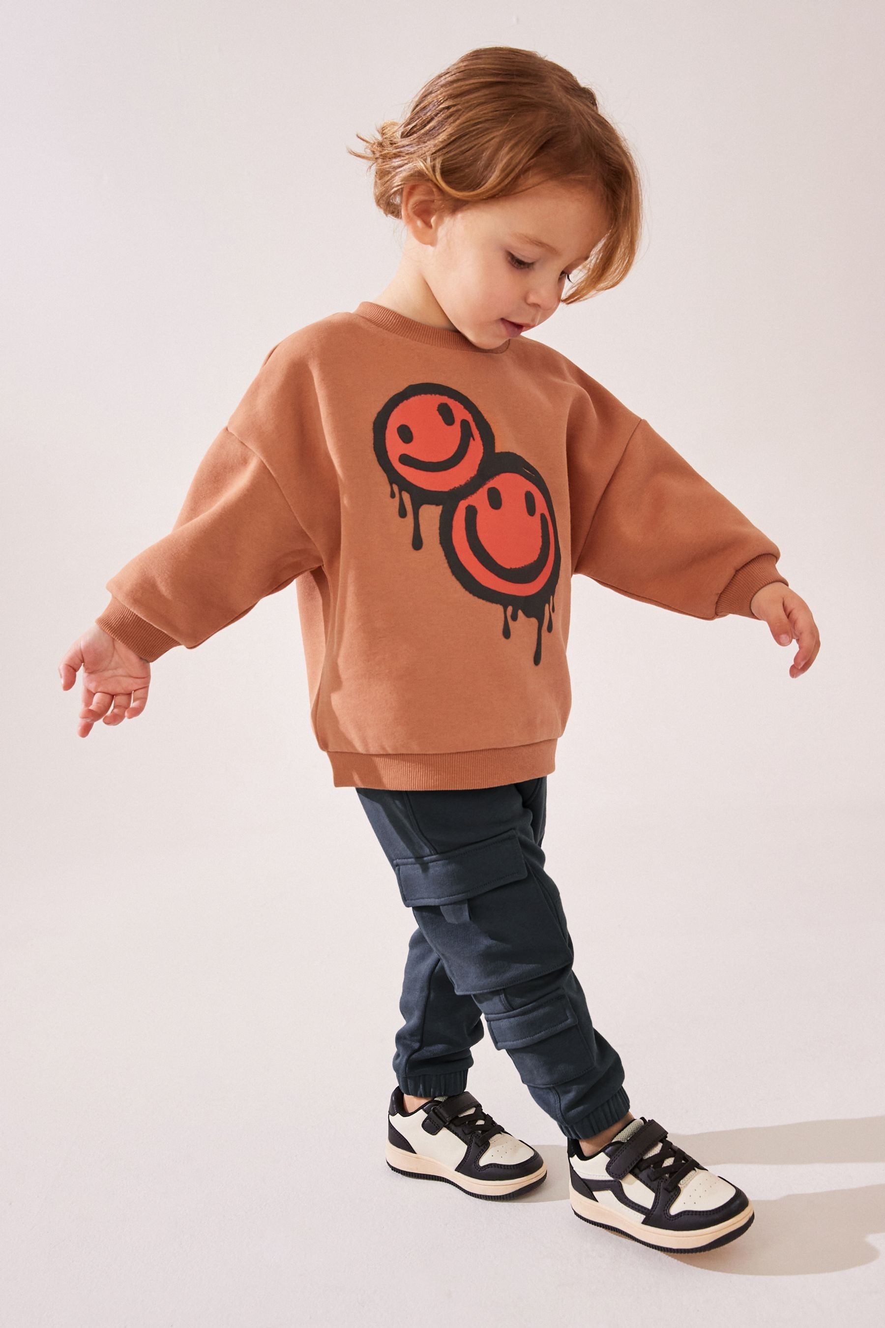 Rust Brown Happy Placement Print Utility 100% Cotton Sweatshirt and Joggers Set (3mths-7yrs)