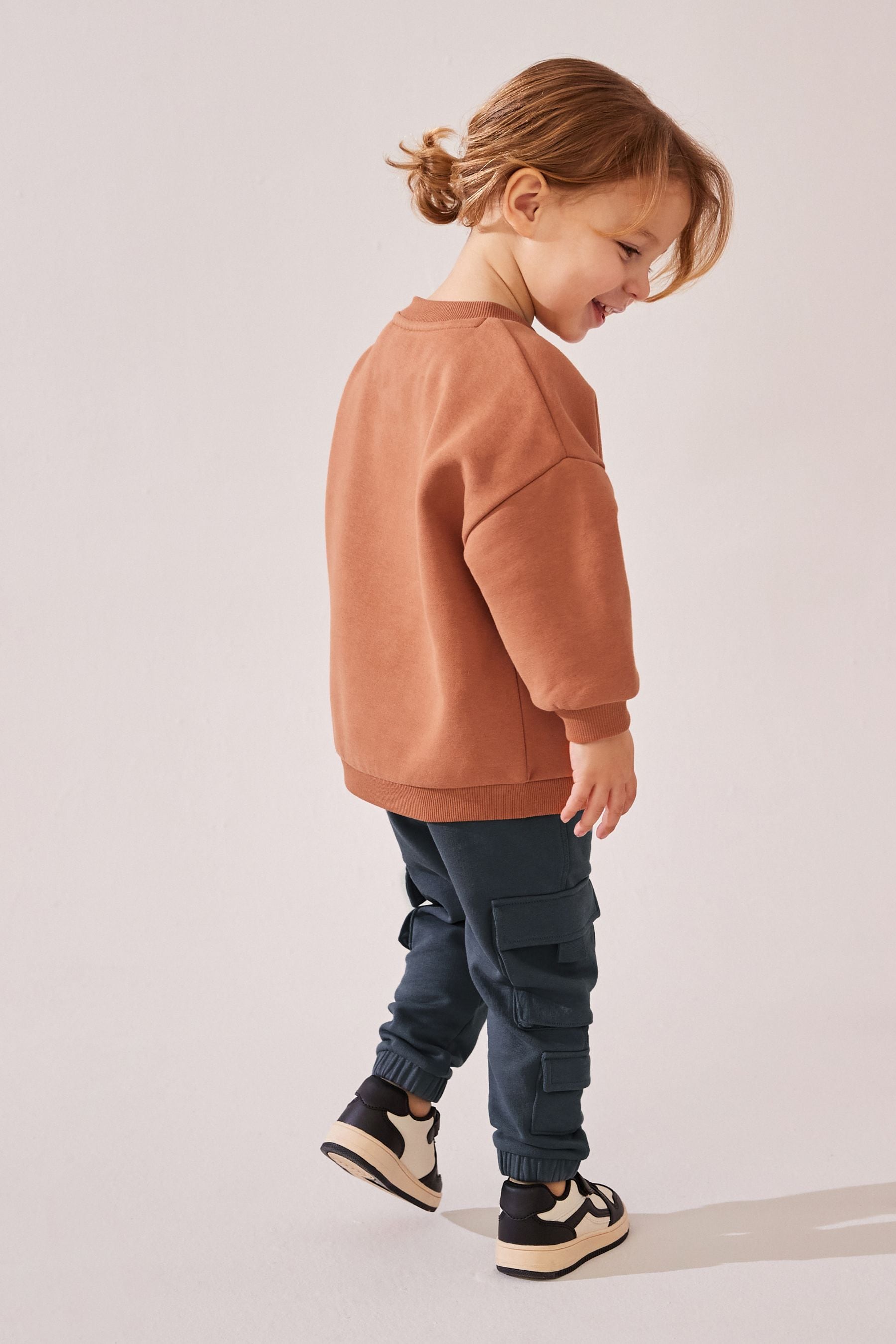 Rust Brown Happy Placement Print Utility 100% Cotton Sweatshirt and Joggers Set (3mths-7yrs)