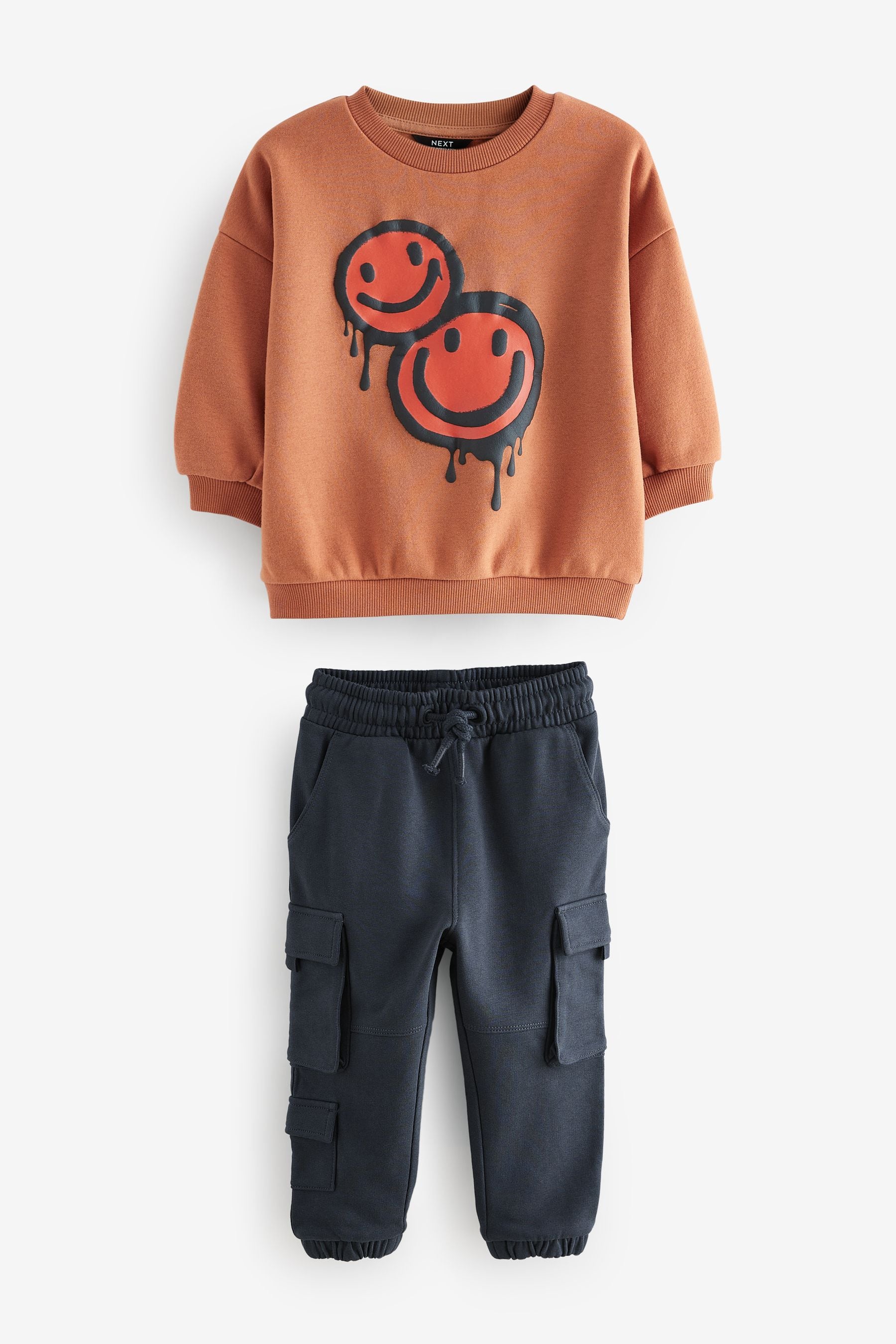 Rust Brown Happy 100% Cotton Sweatshirt and Utility Joggers 2 Piece Set (3mths-7yrs)