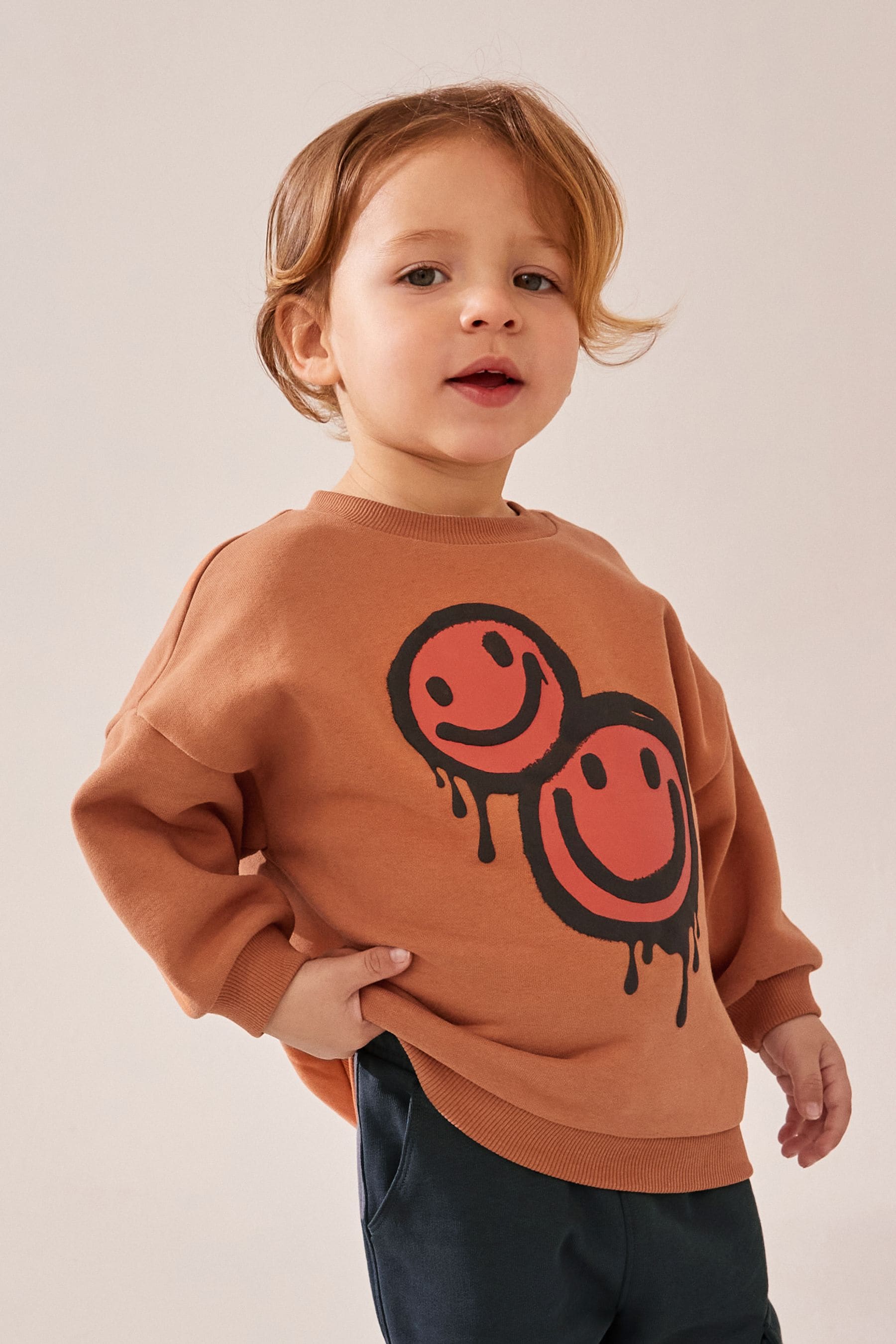 Rust Brown Happy Placement Print Utility 100% Cotton Sweatshirt and Joggers Set (3mths-7yrs)