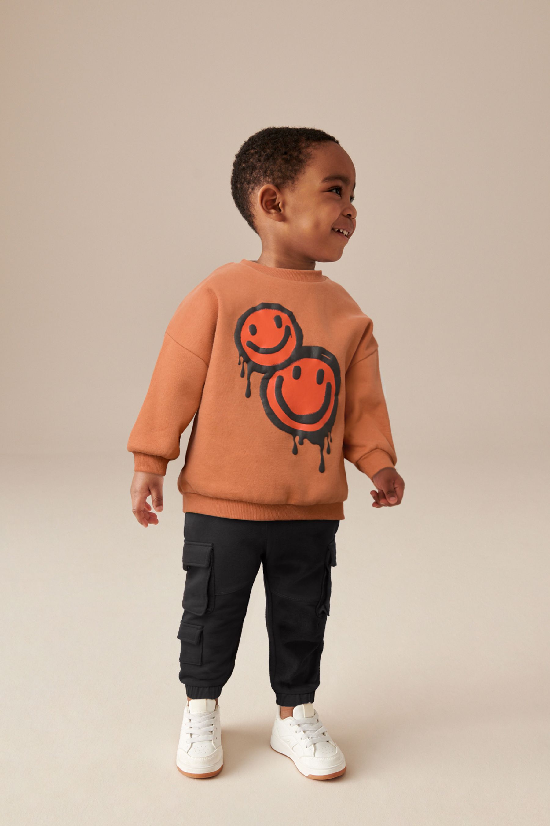 Rust Brown Happy 100% Cotton Sweatshirt and Utility Joggers 2 Piece Set (3mths-7yrs)