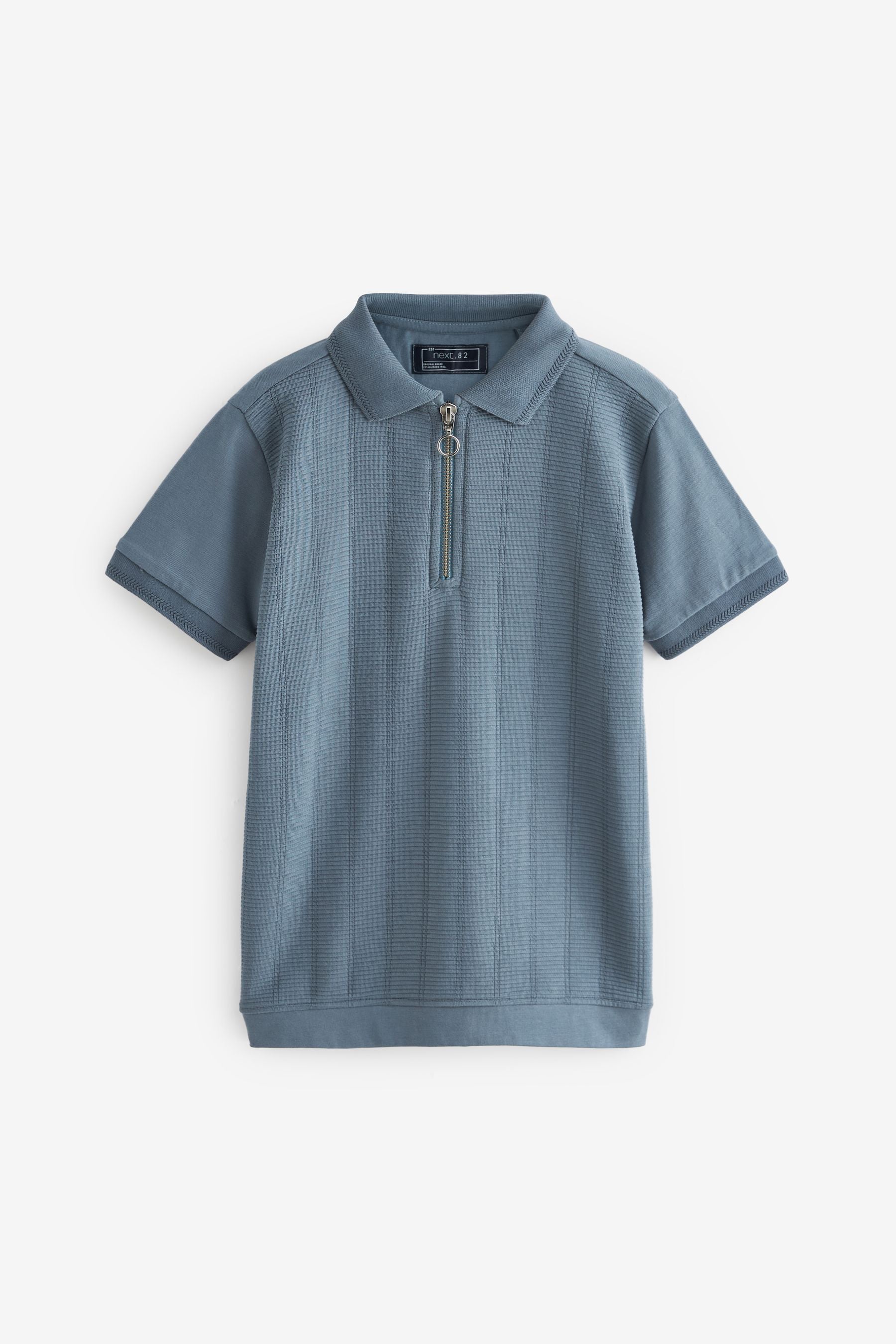 Blue Textured Short Sleeve Zip Neck Polo Shirt (3-16yrs)