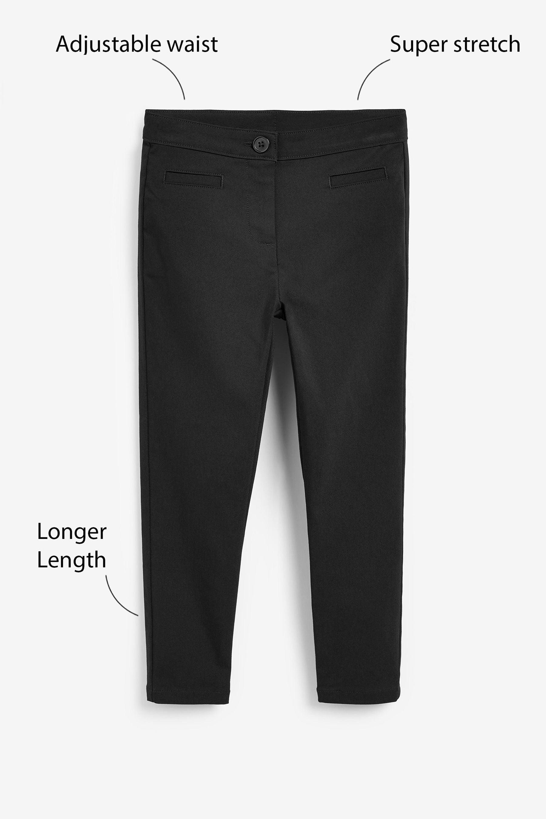 Black Longer Length Regular Waist Longer Length School Skinny Stretch Trousers (3-18yrs)