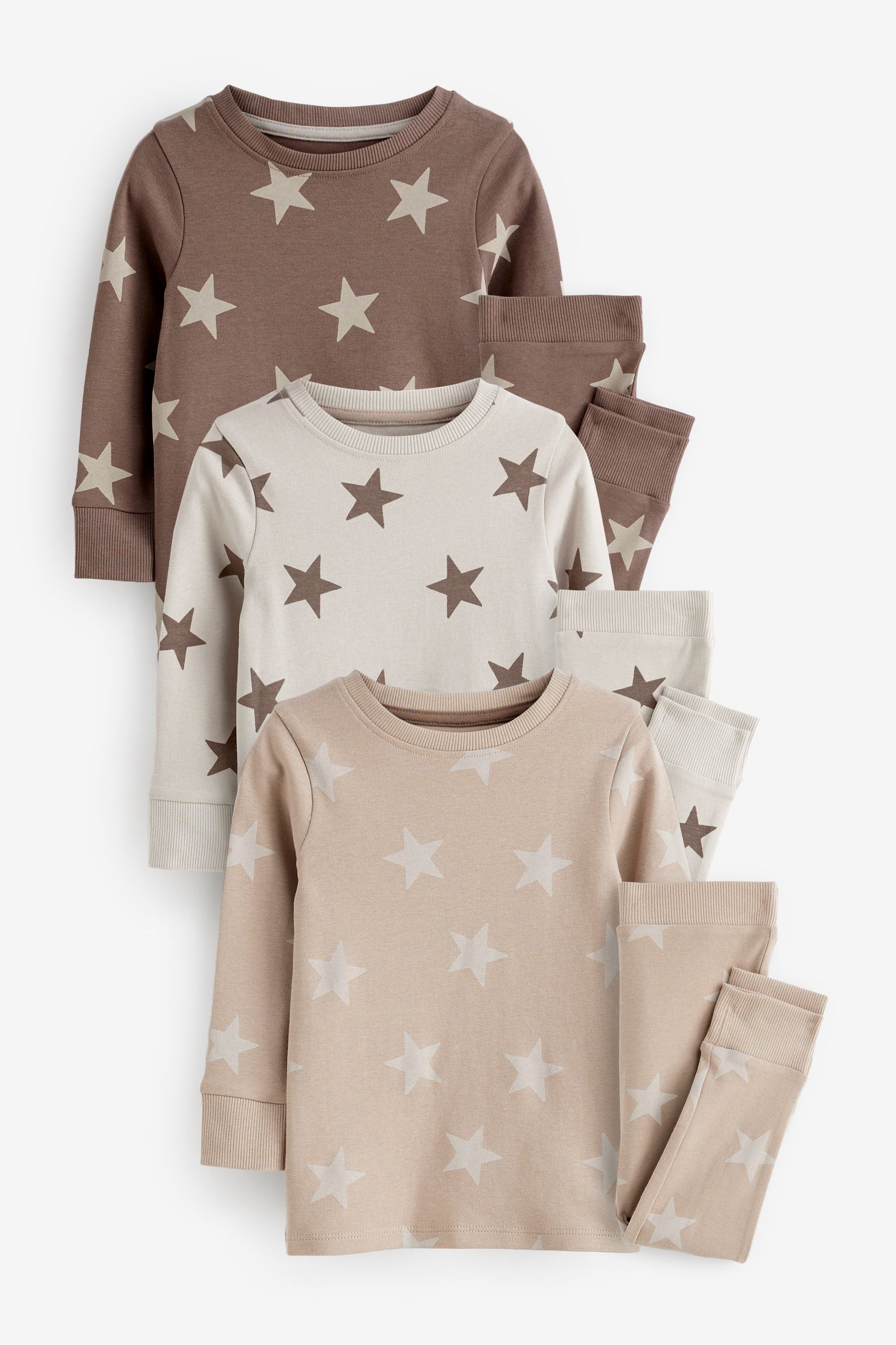 Neutral Star 3 Pack Snuggle Long Sleeve Pyjamas (9mths-10yrs)