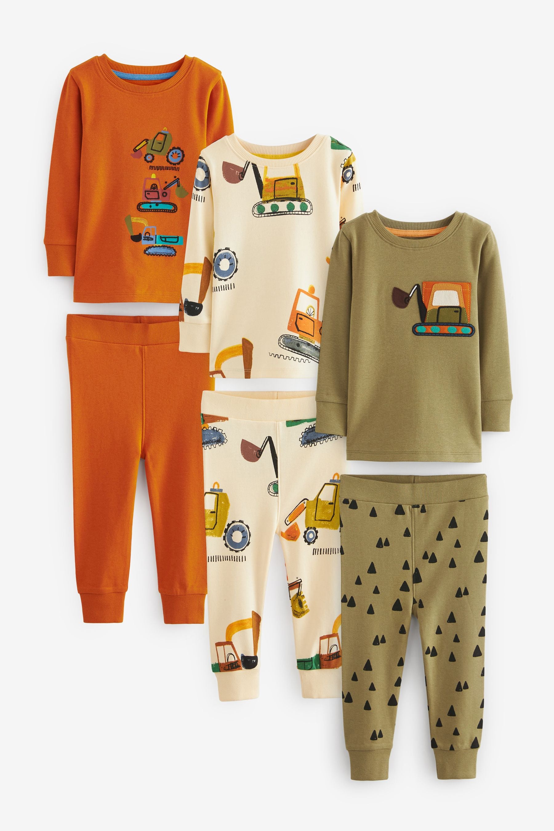 Khaki Green/ Orange Transport Snuggle Pyjamas 3 Pack (9mths-8yrs)