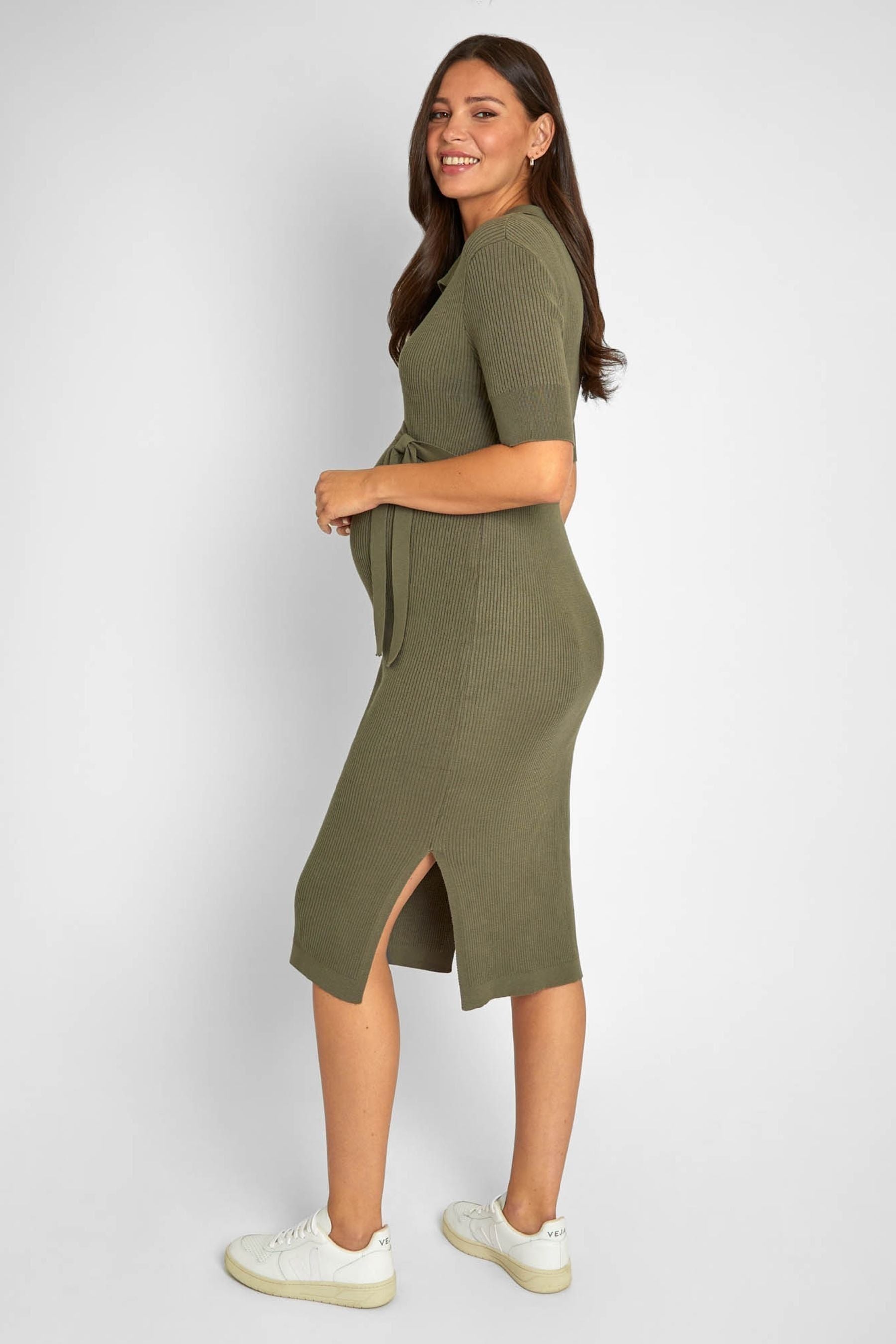 Khaki Green JoJo Maman Bébé Collared Ribbed Knitted Maternity Dress