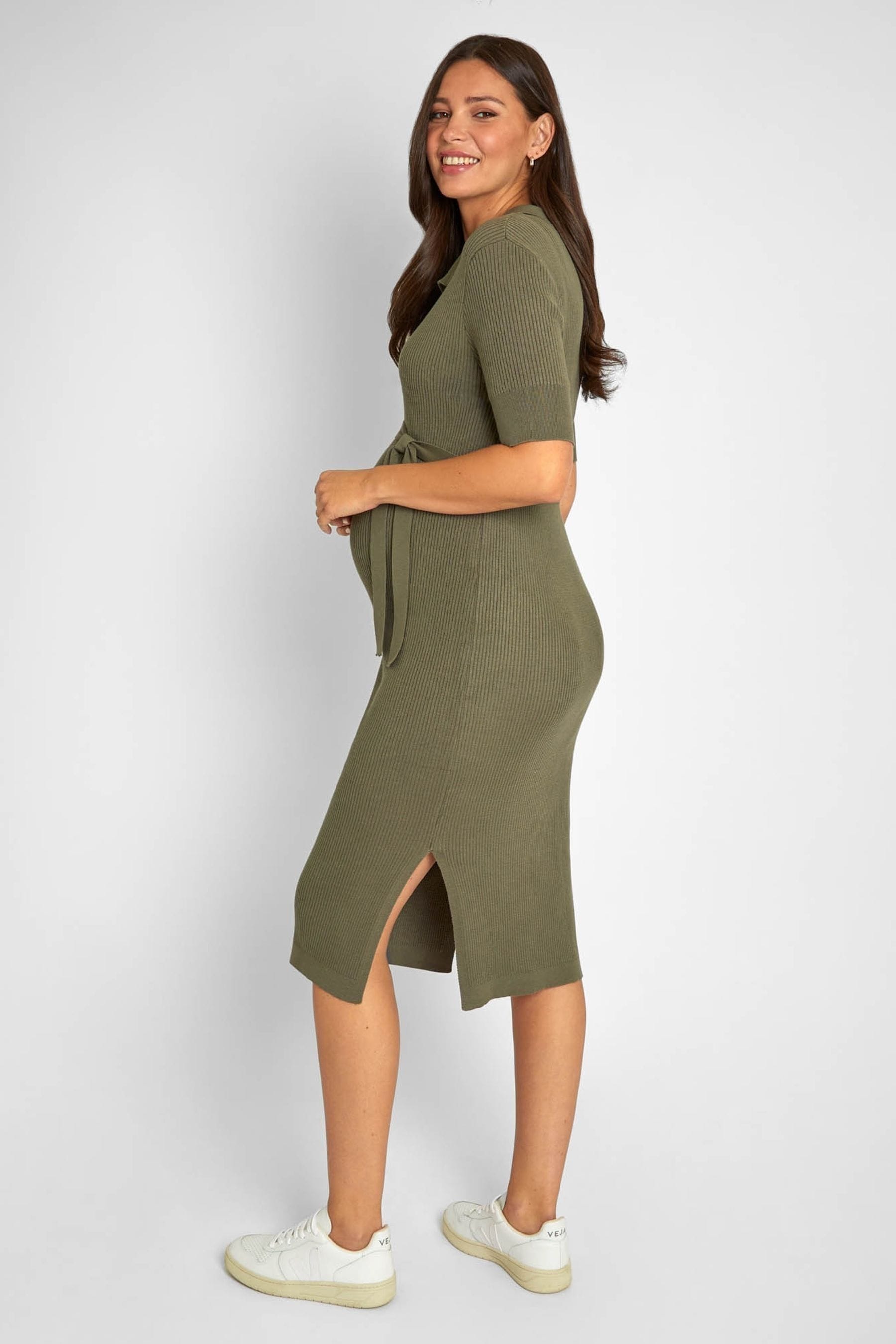 JoJo Maman Bébé Khaki Green Collared Ribbed Knitted Maternity Dress