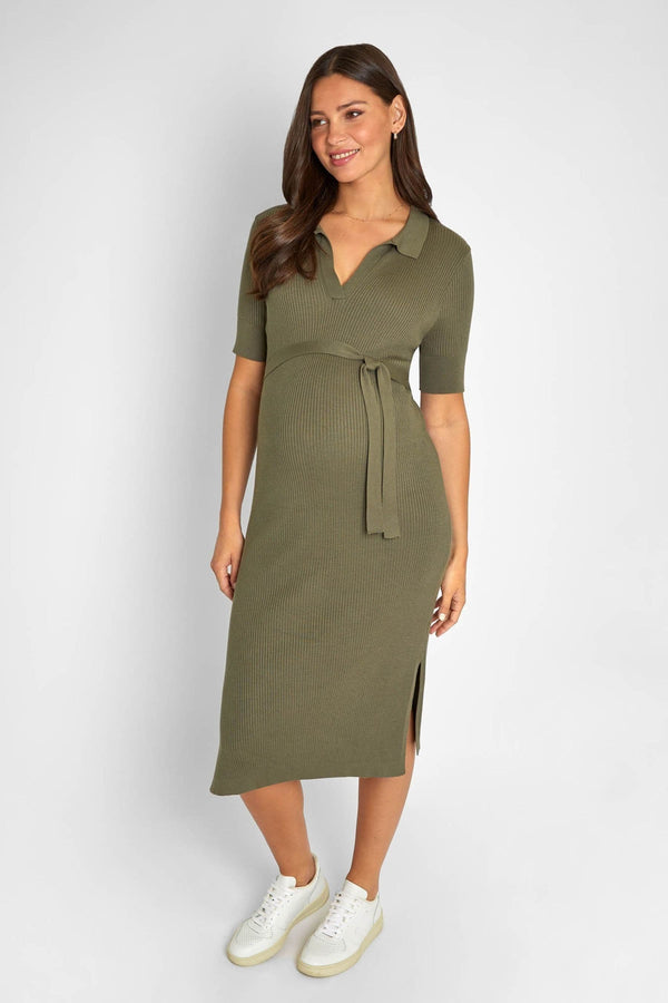 JoJo Maman B?©b?© Khaki Green Collared Ribbed Knitted Maternity Dress