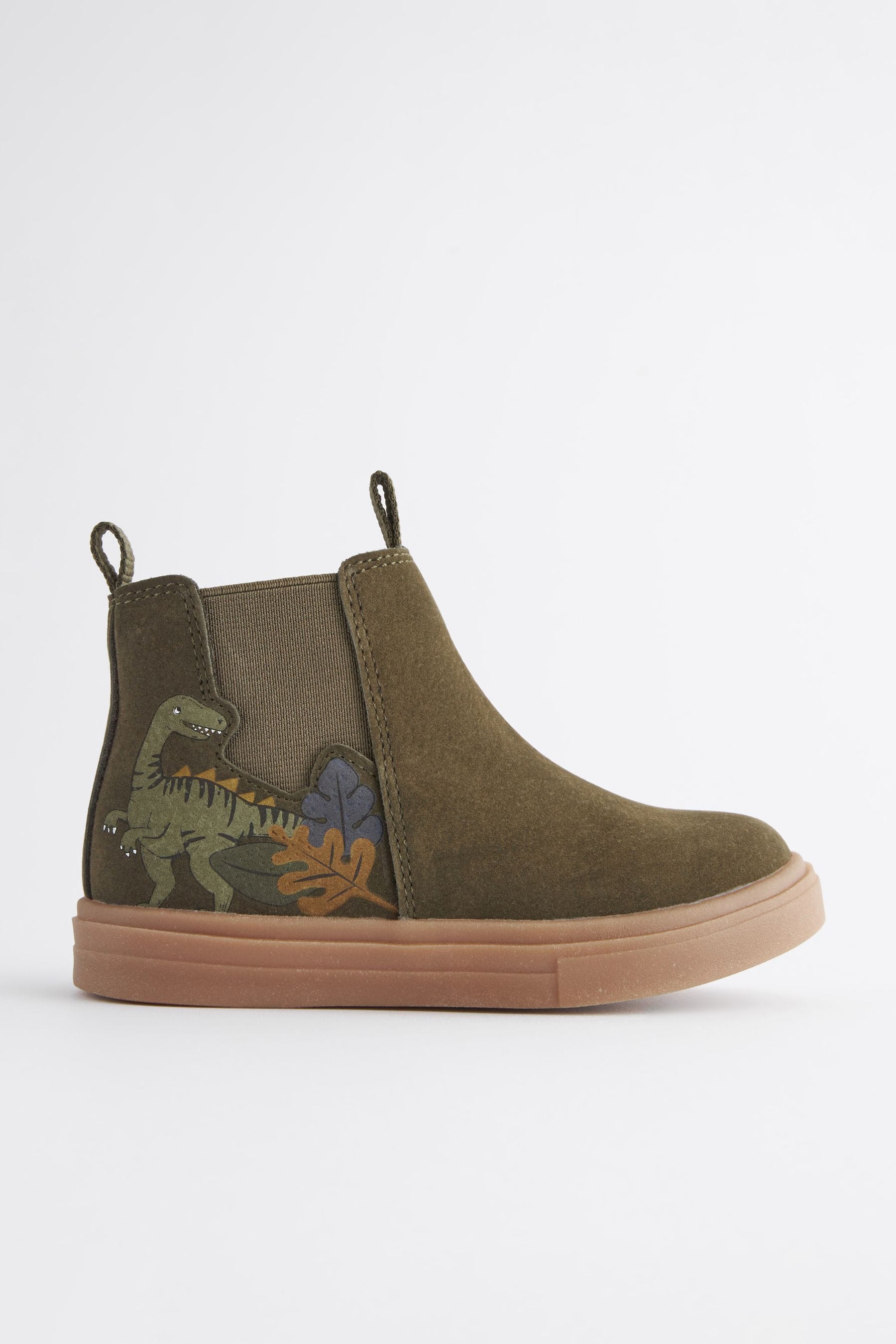 Khaki Green Dino Wide Fit (G) Chelsea Boots with Zip Fastening