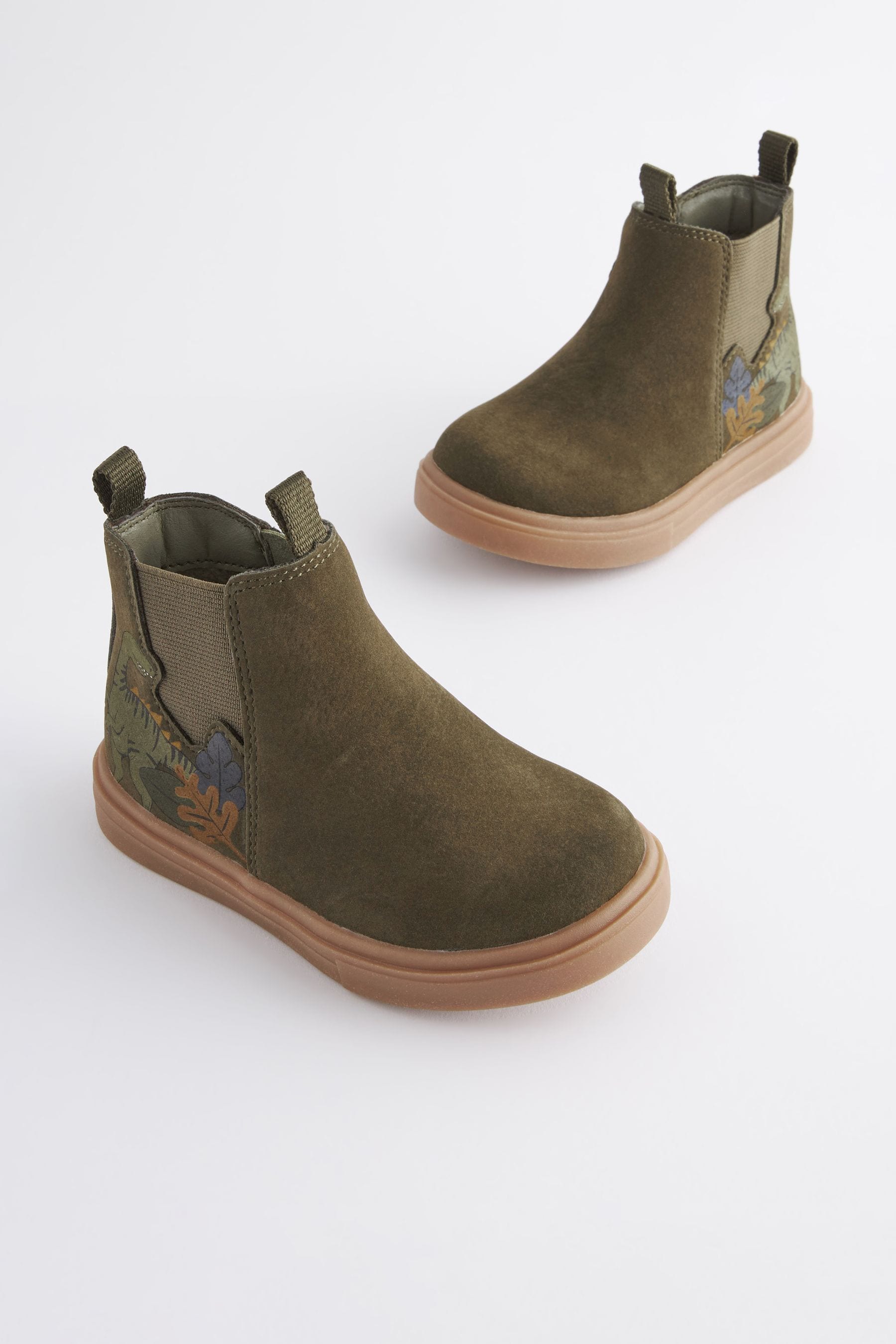 Khaki Green Dino Wide Fit (G) Chelsea Boots with Zip Fastening