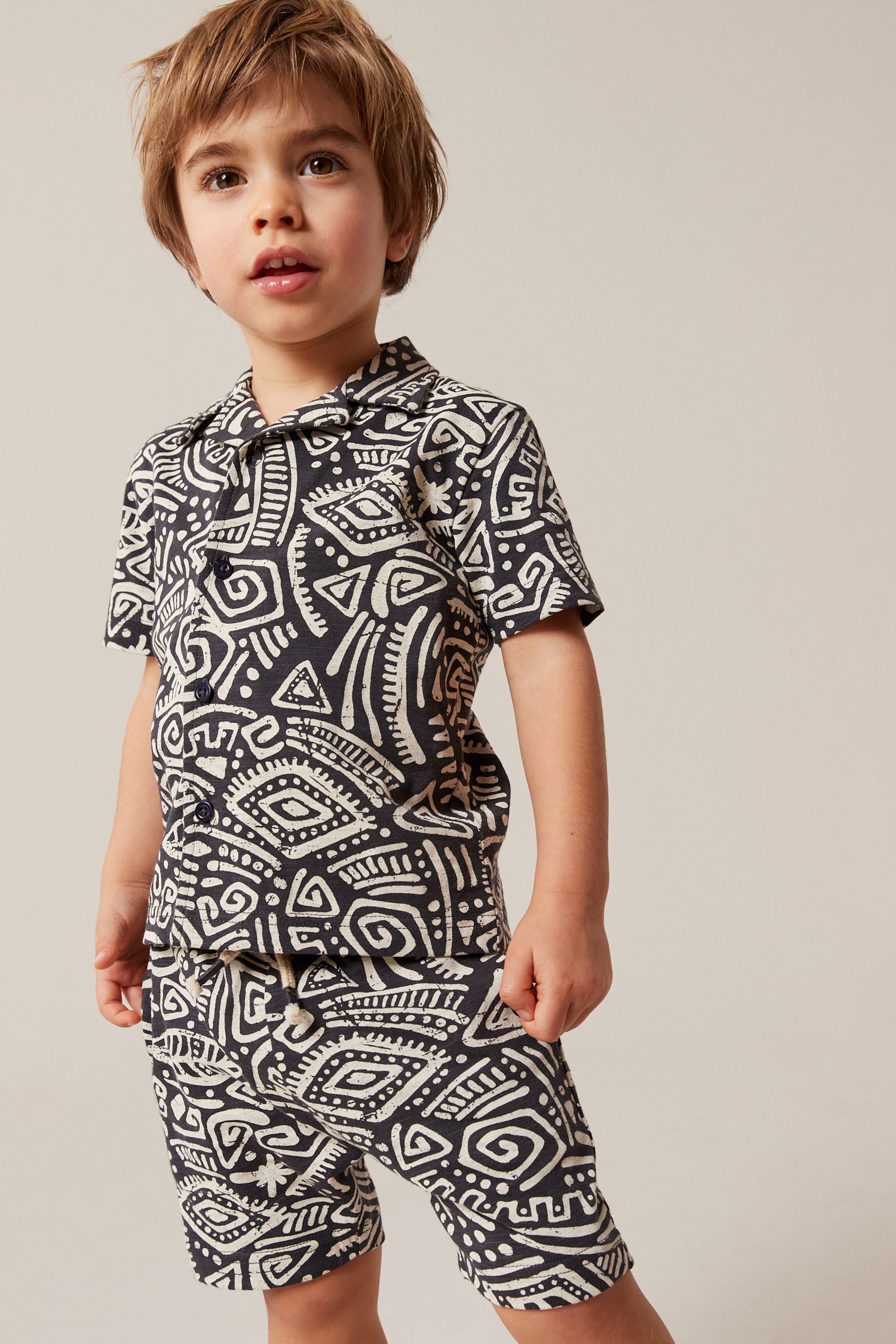 Black/White Short Sleeve Pattern Shirt and Shorts Set (3mths-7yrs)