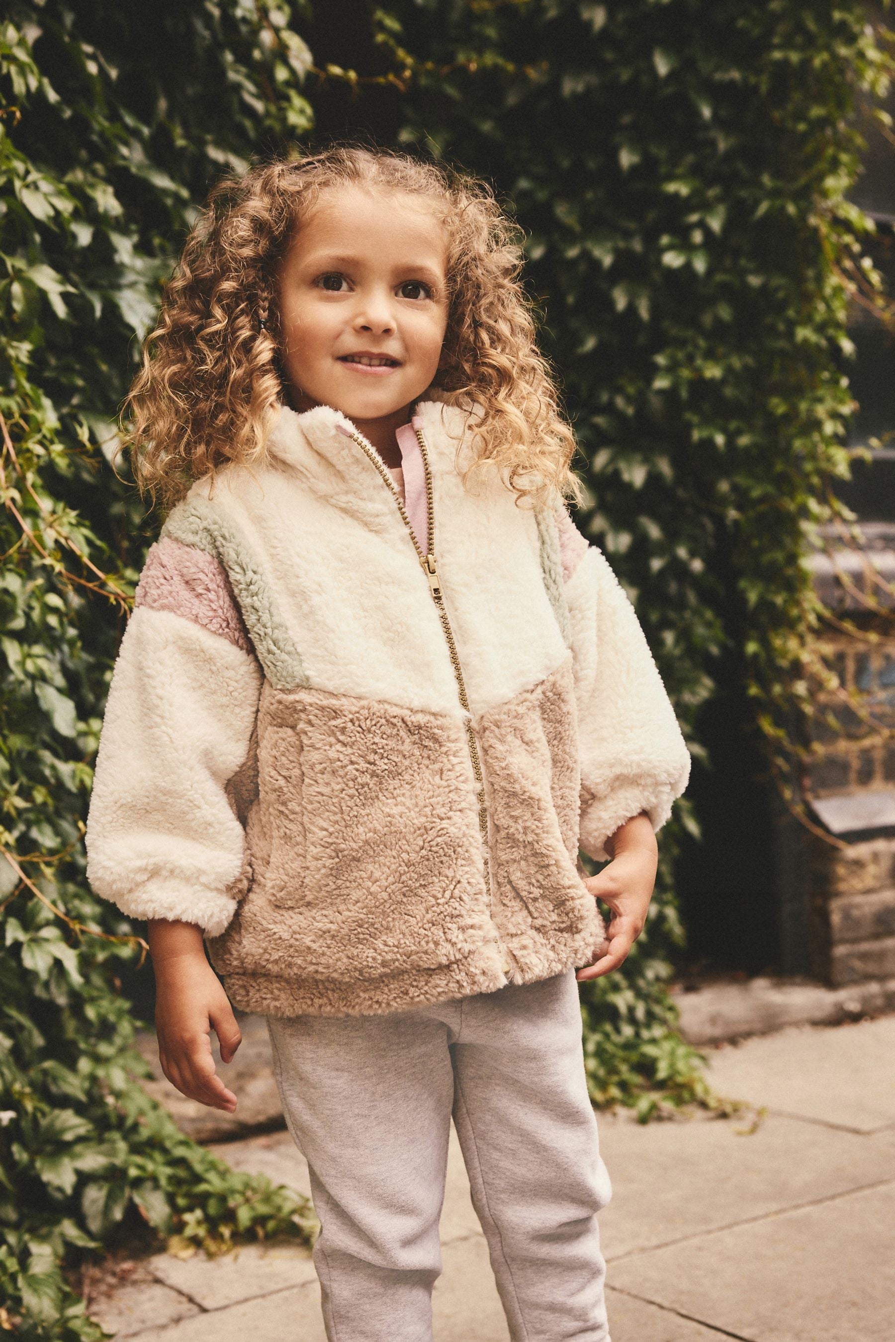 Cream/Pink/Green Colourblock Borg Fleece Zip Through Jacket (12mths-7yrs)