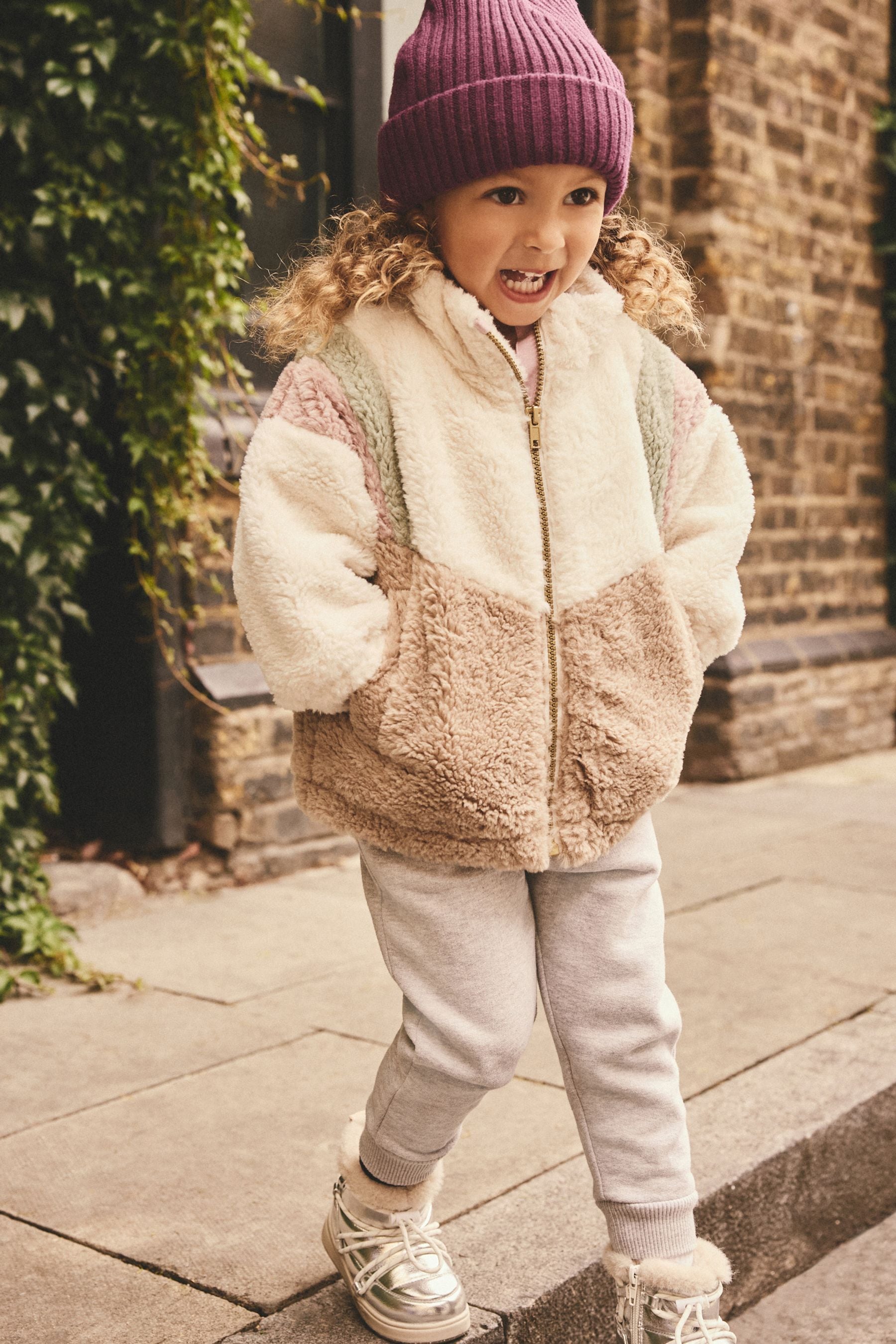 Cream/Pink/Green Colourblock Borg Fleece Zip Through Jacket (12mths-7yrs)