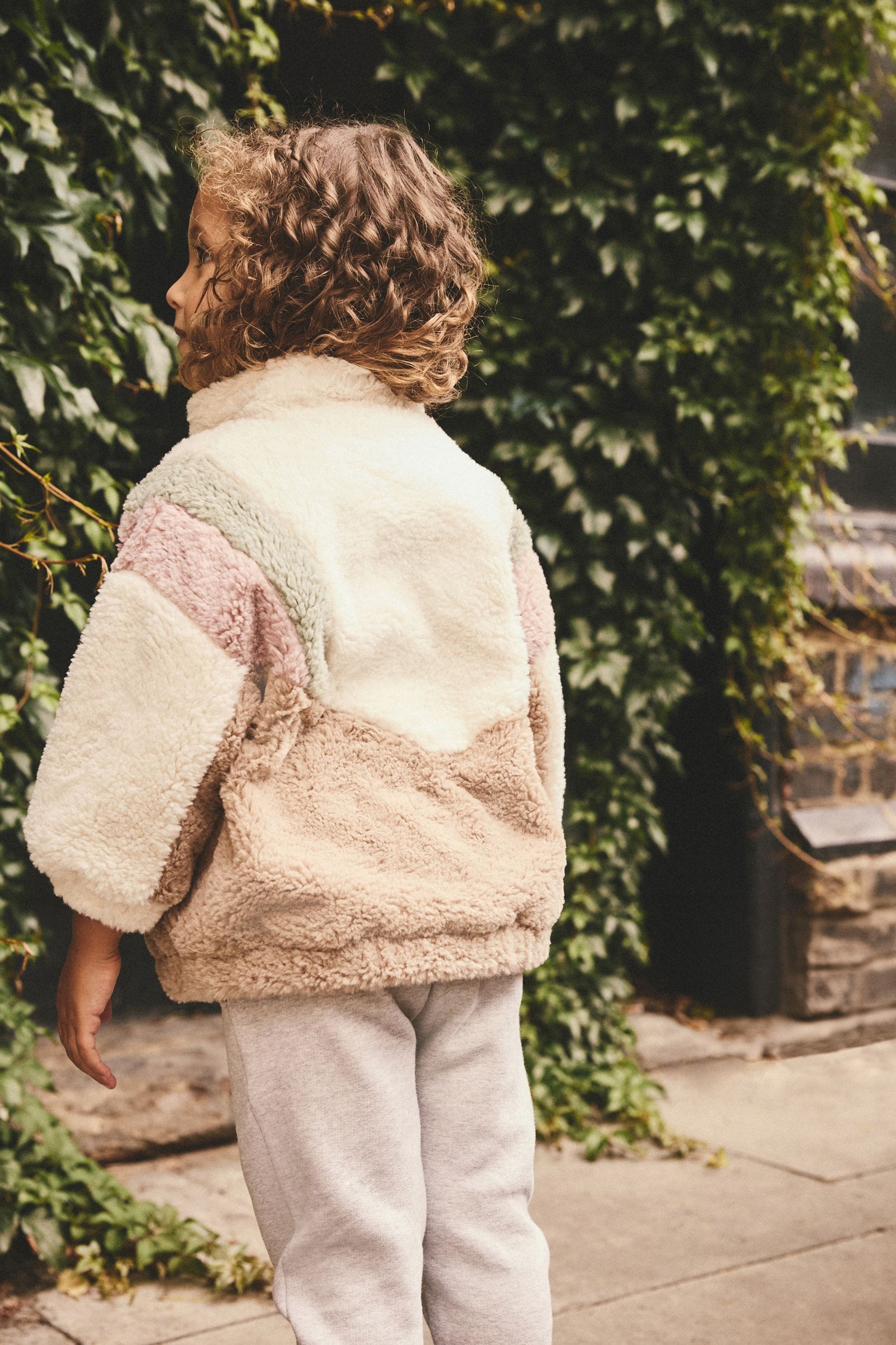 Cream/Pink/Green Colourblock Borg Fleece Zip Through Jacket (12mths-7yrs)