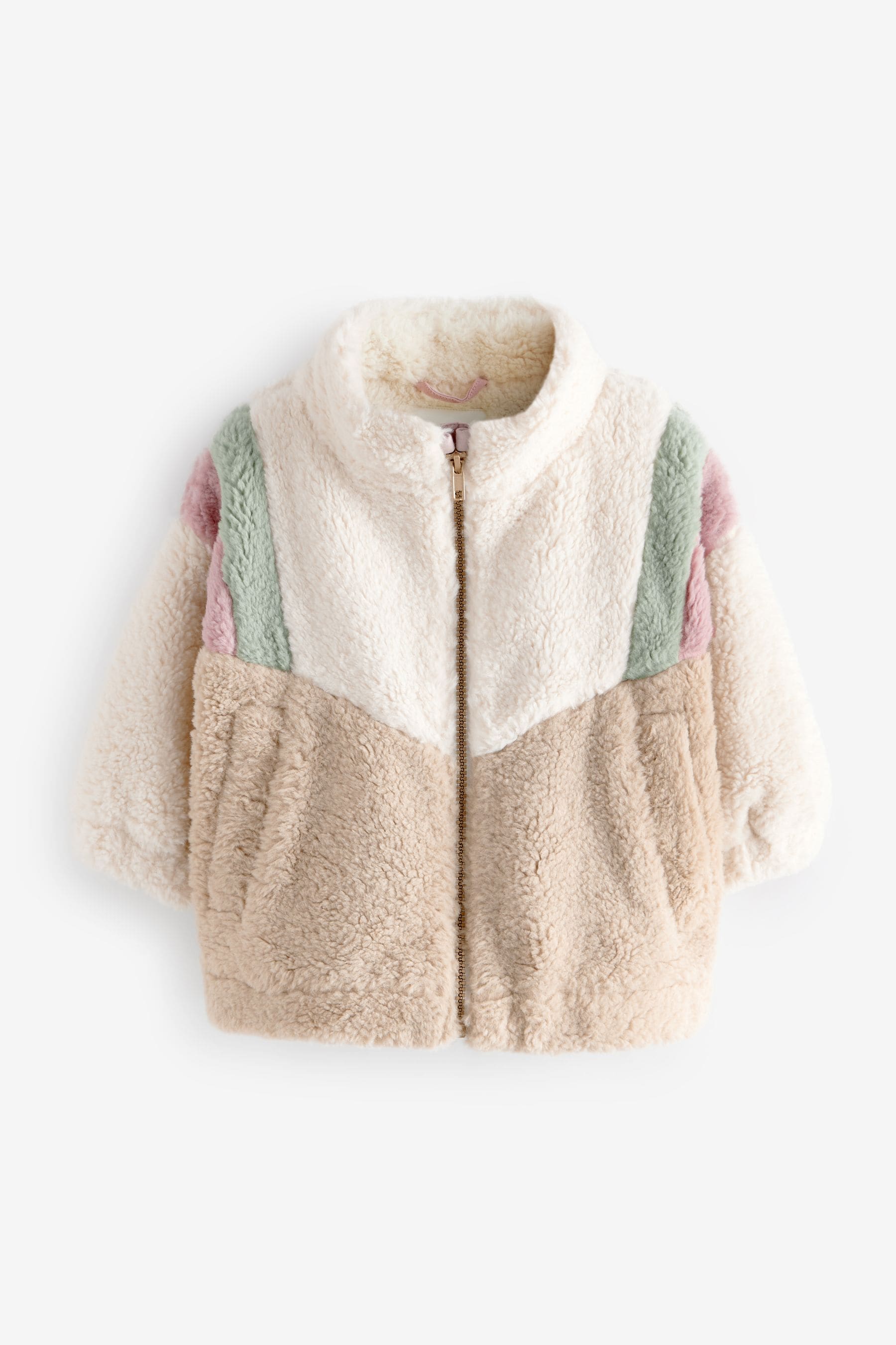 Cream/Pink/Green Colourblock Borg Fleece Zip Through Jacket (12mths-7yrs)