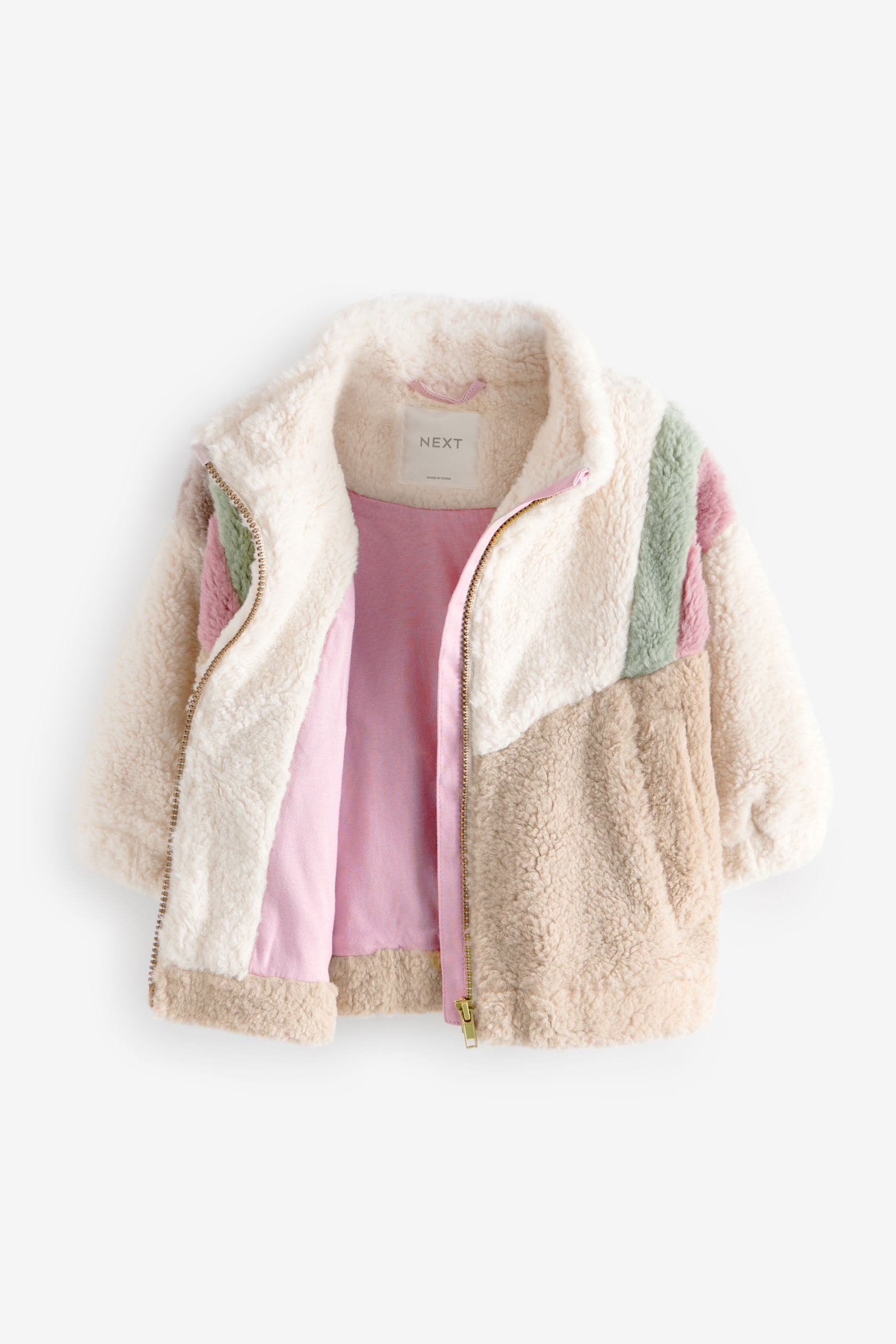 Cream/Pink/Green Colourblock Borg Fleece Zip Through Jacket (12mths-7yrs)